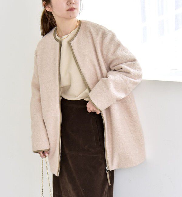 quaranciel「quaranciel: ノーカラー パイピング ジップ コート」|ノーカラーコート|