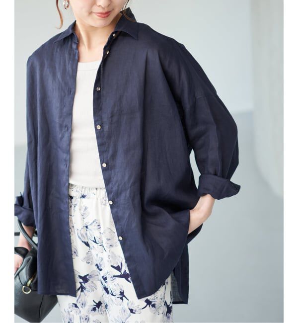 Spick and Span「《ゆったりサイズ》追加予約 80リネンカシュクール ビッグシャツ」|シャツ・ブラウス|ネイビー