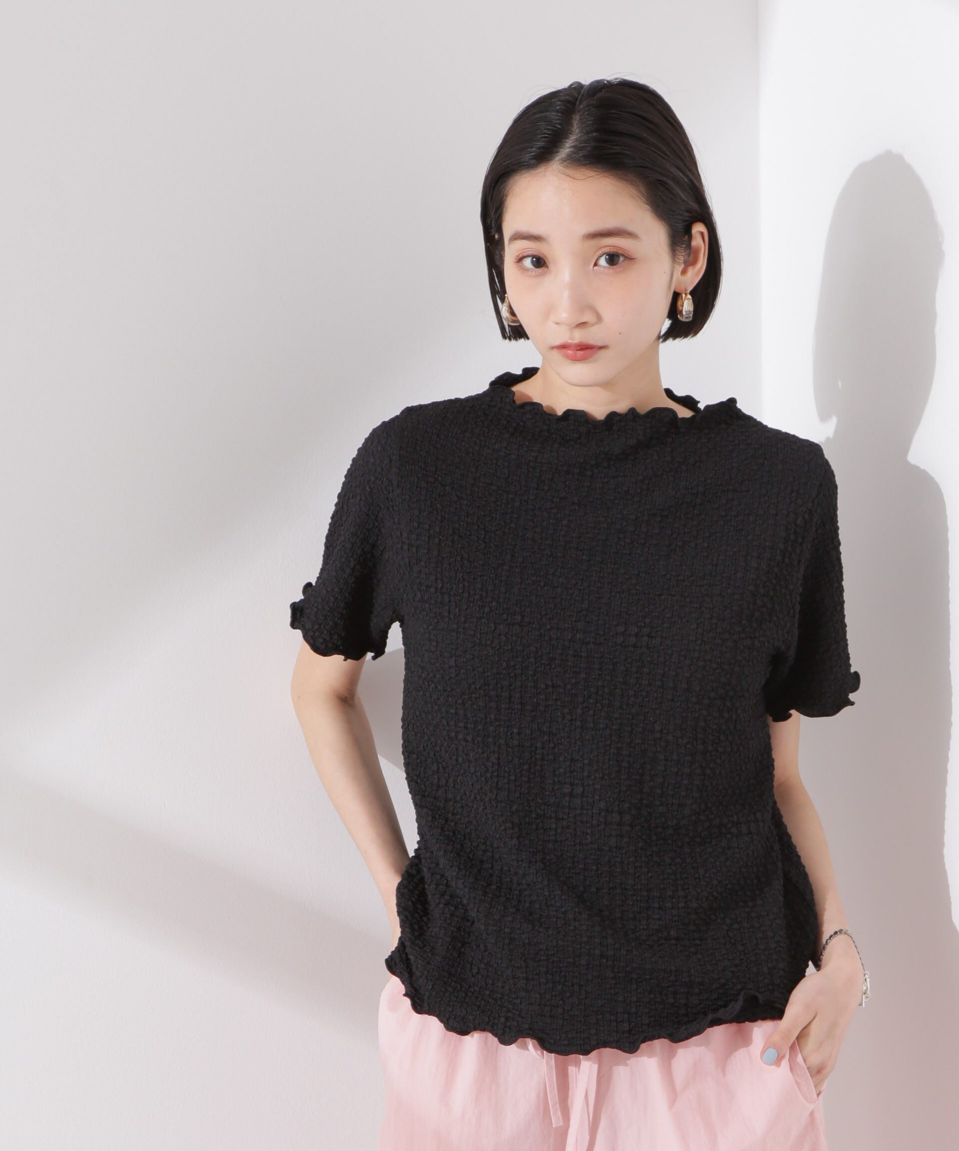 nano･universe「シャーリングジャガード半袖ナロートップス (セットアップ可)」|Tシャツ・カットソー|ブラック