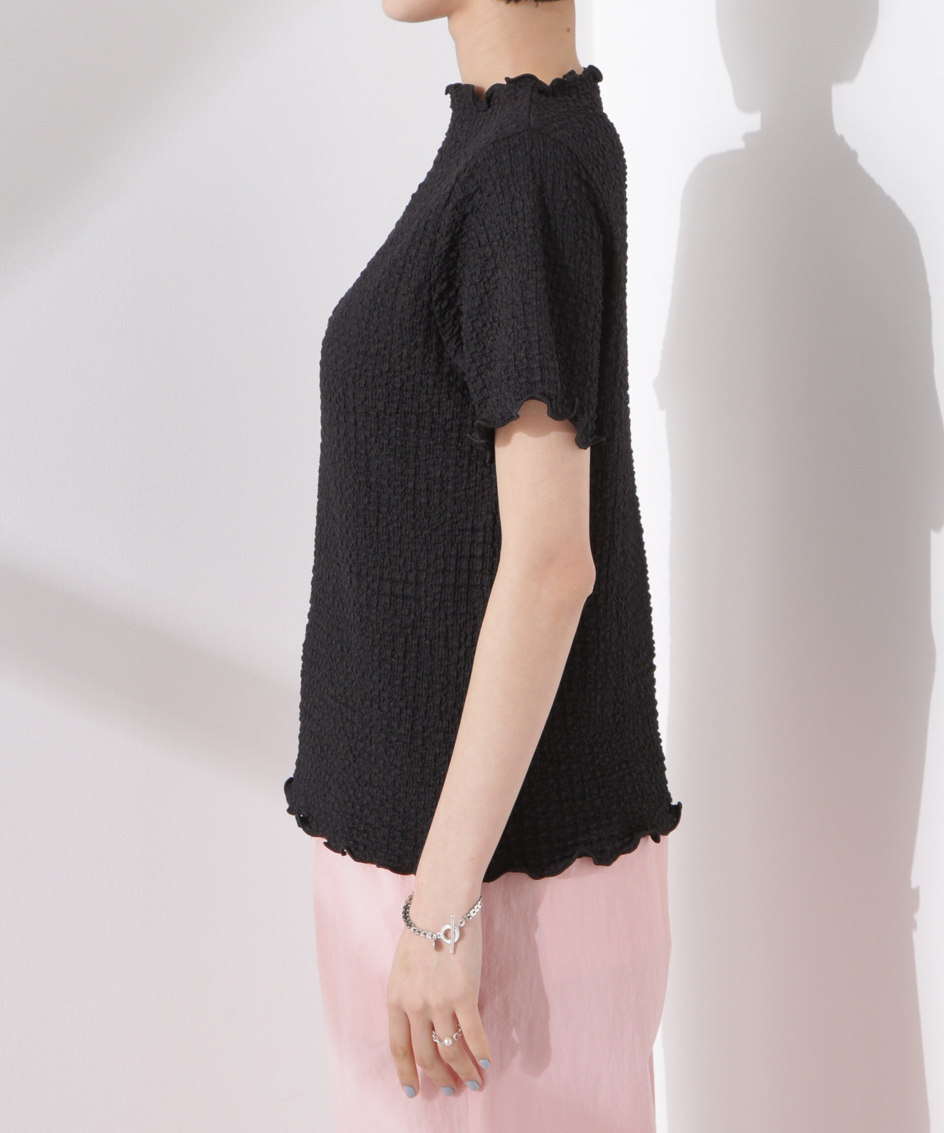 nano･universe「シャーリングジャガード半袖ナロートップス (セットアップ可)」|Tシャツ・カットソー|