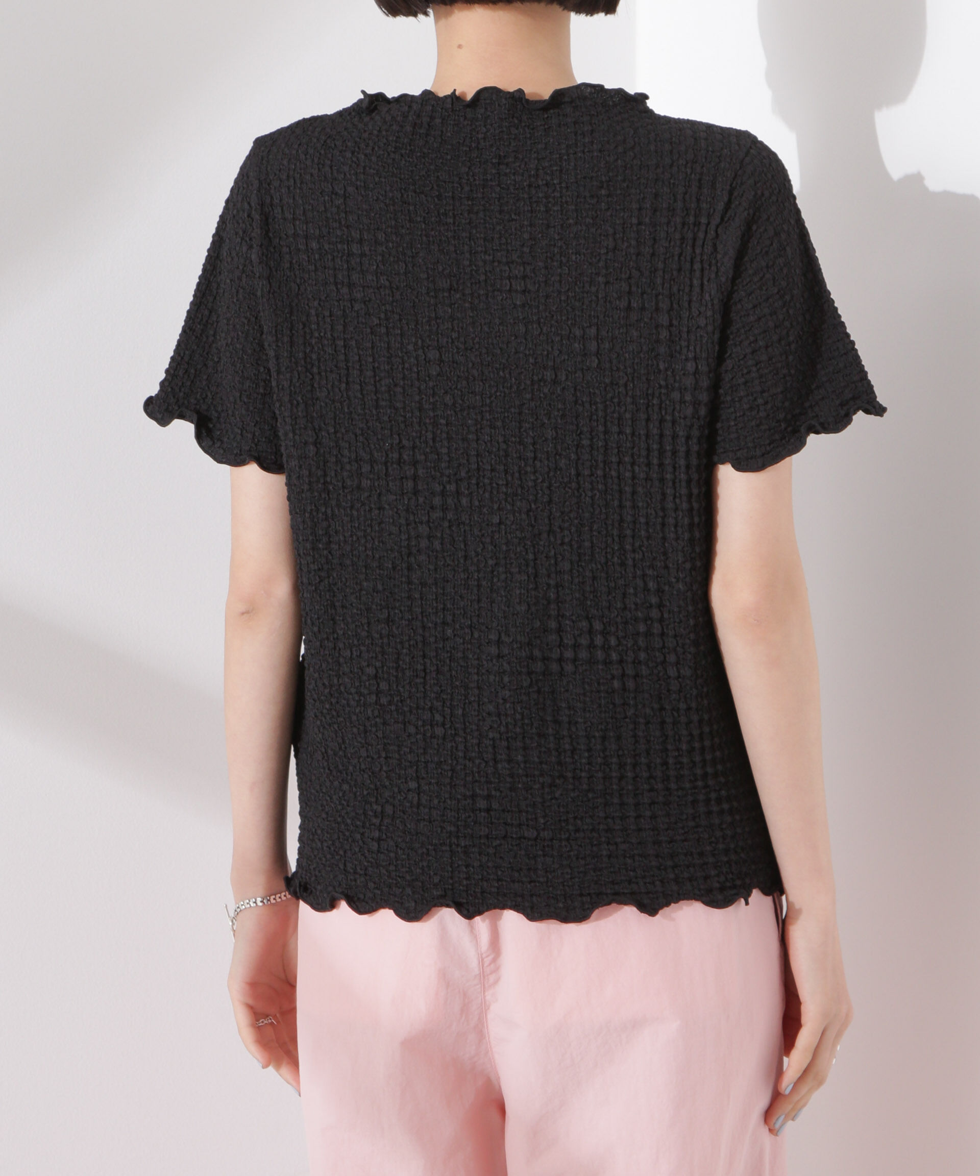 nano･universe「シャーリングジャガード半袖ナロートップス (セットアップ可)」|Tシャツ・カットソー|