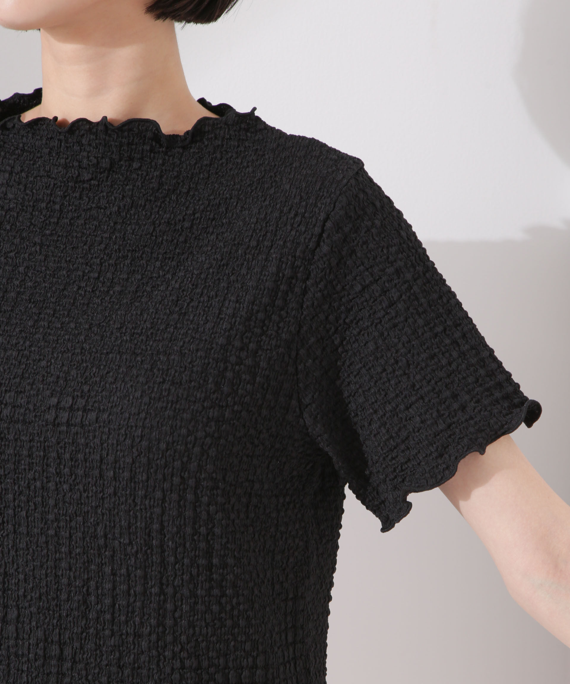 nano･universe「シャーリングジャガード半袖ナロートップス (セットアップ可)」|Tシャツ・カットソー|