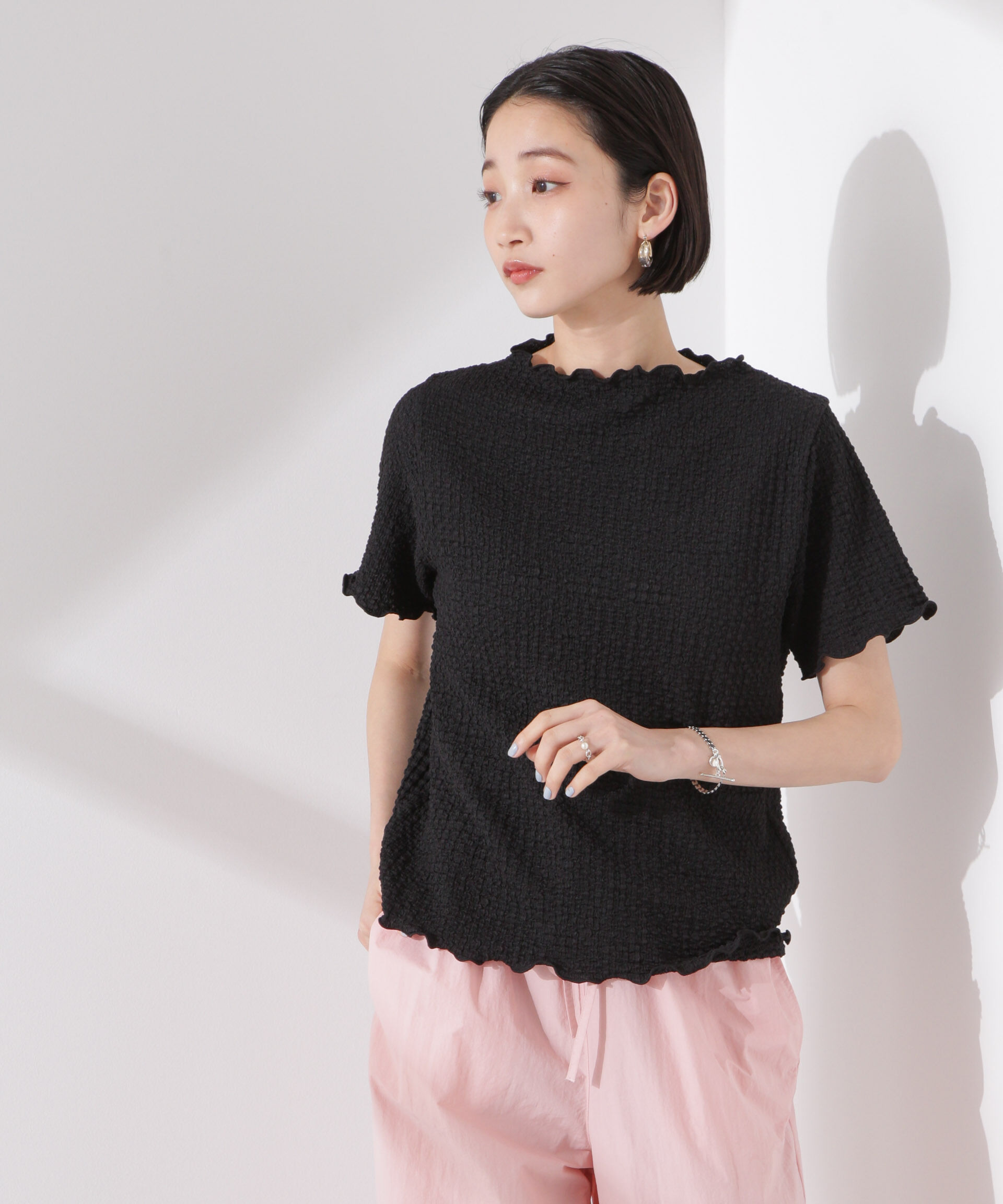 nano･universe「シャーリングジャガード半袖ナロートップス (セットアップ可)」|Tシャツ・カットソー|