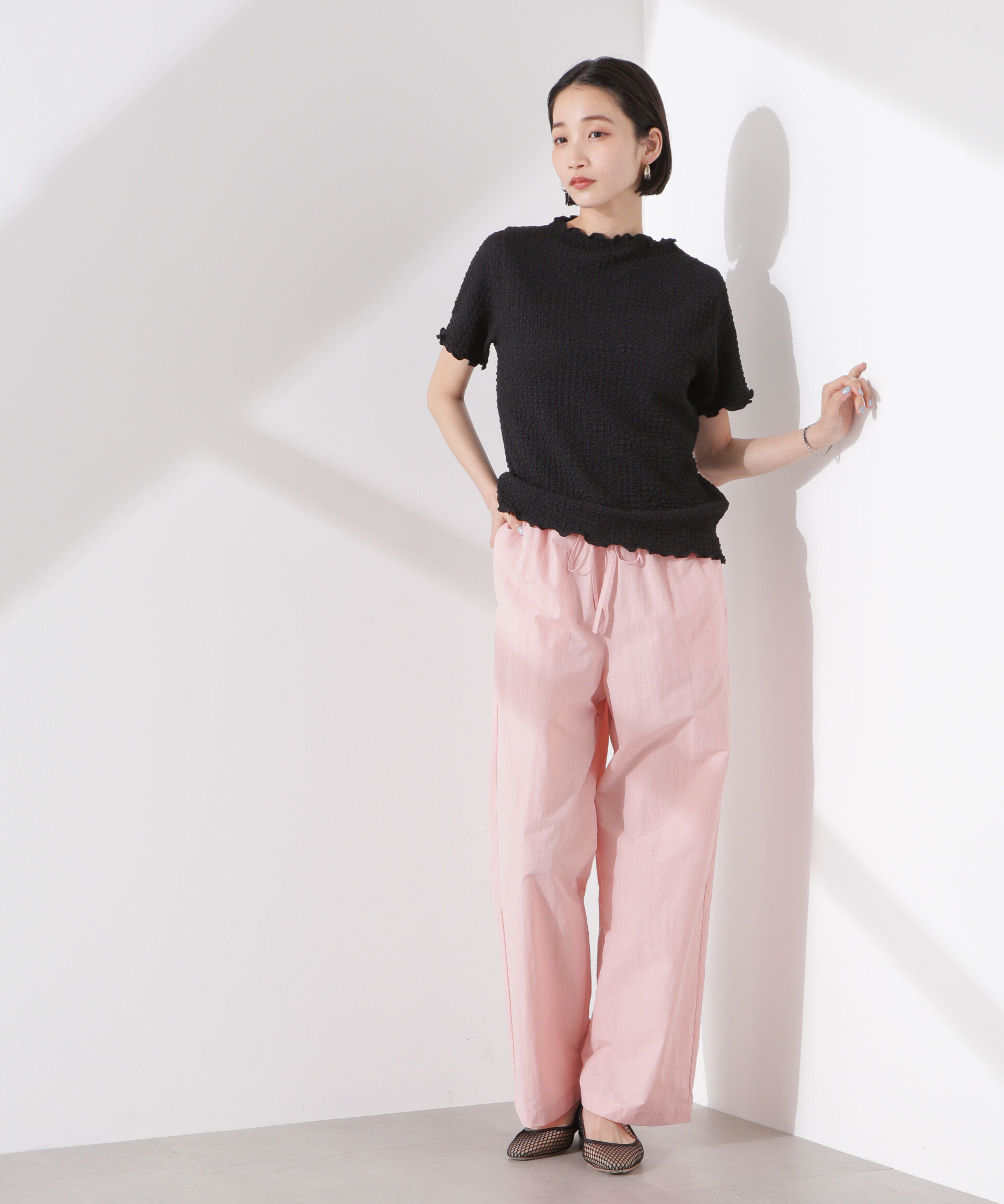 nano･universe「シャーリングジャガード半袖ナロートップス (セットアップ可)」|Tシャツ・カットソー|