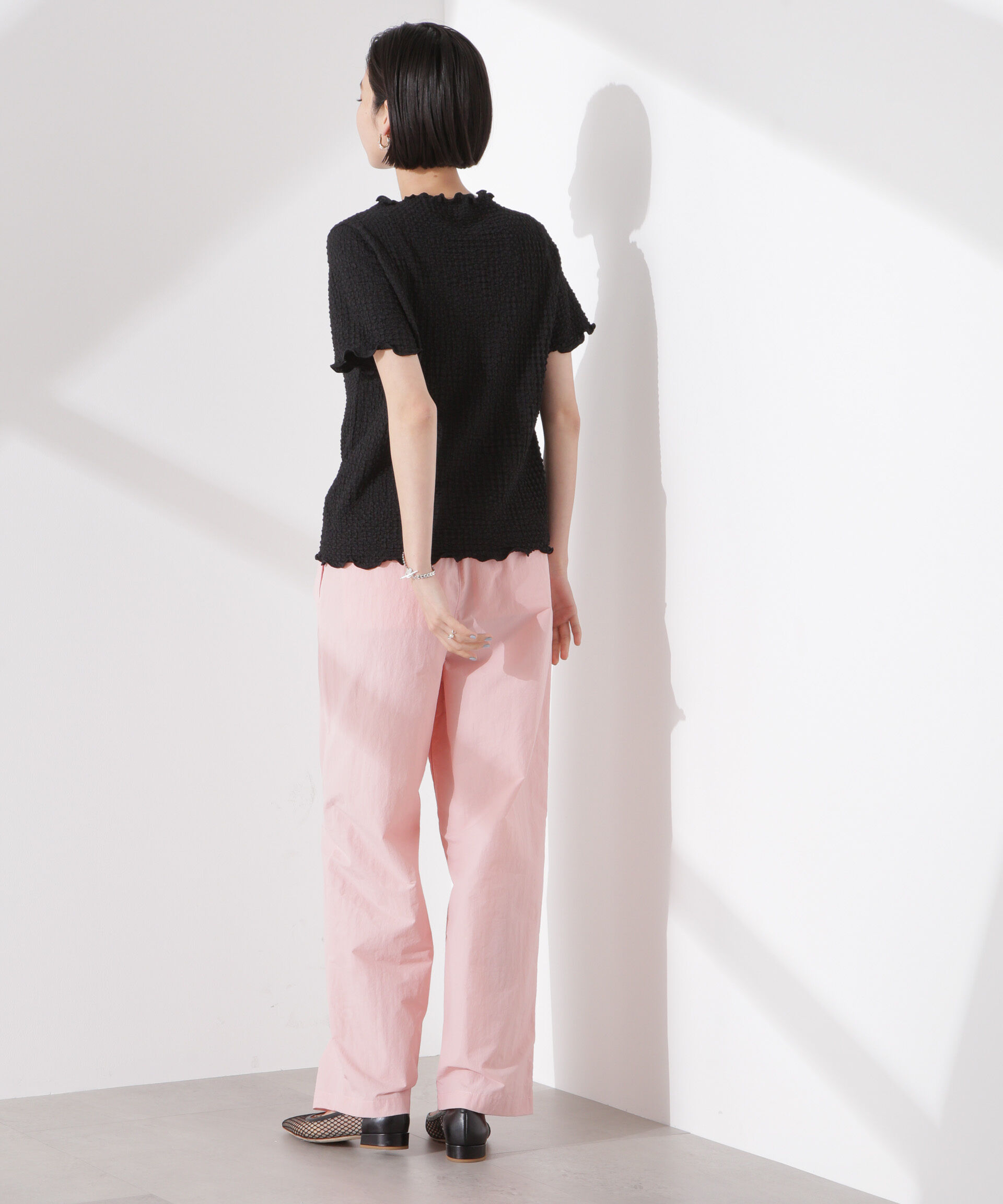 nano･universe「シャーリングジャガード半袖ナロートップス (セットアップ可)」|Tシャツ・カットソー|