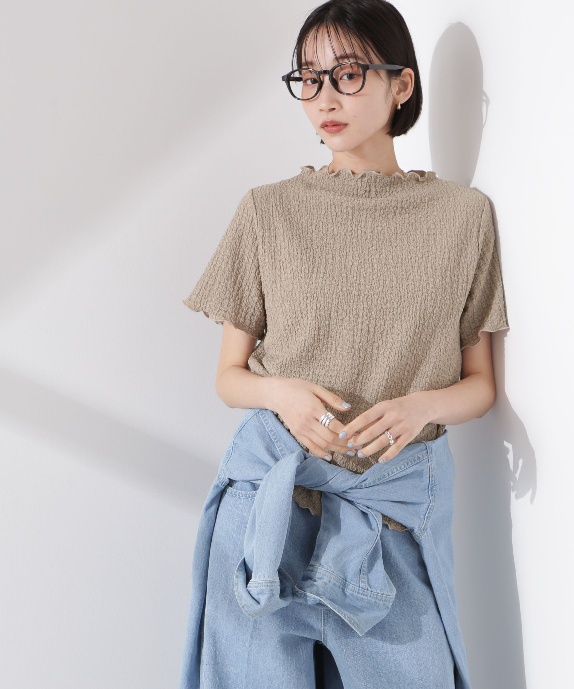 nano･universe「シャーリングジャガード半袖ナロートップス (セットアップ可)」|Tシャツ・カットソー|ベージュ