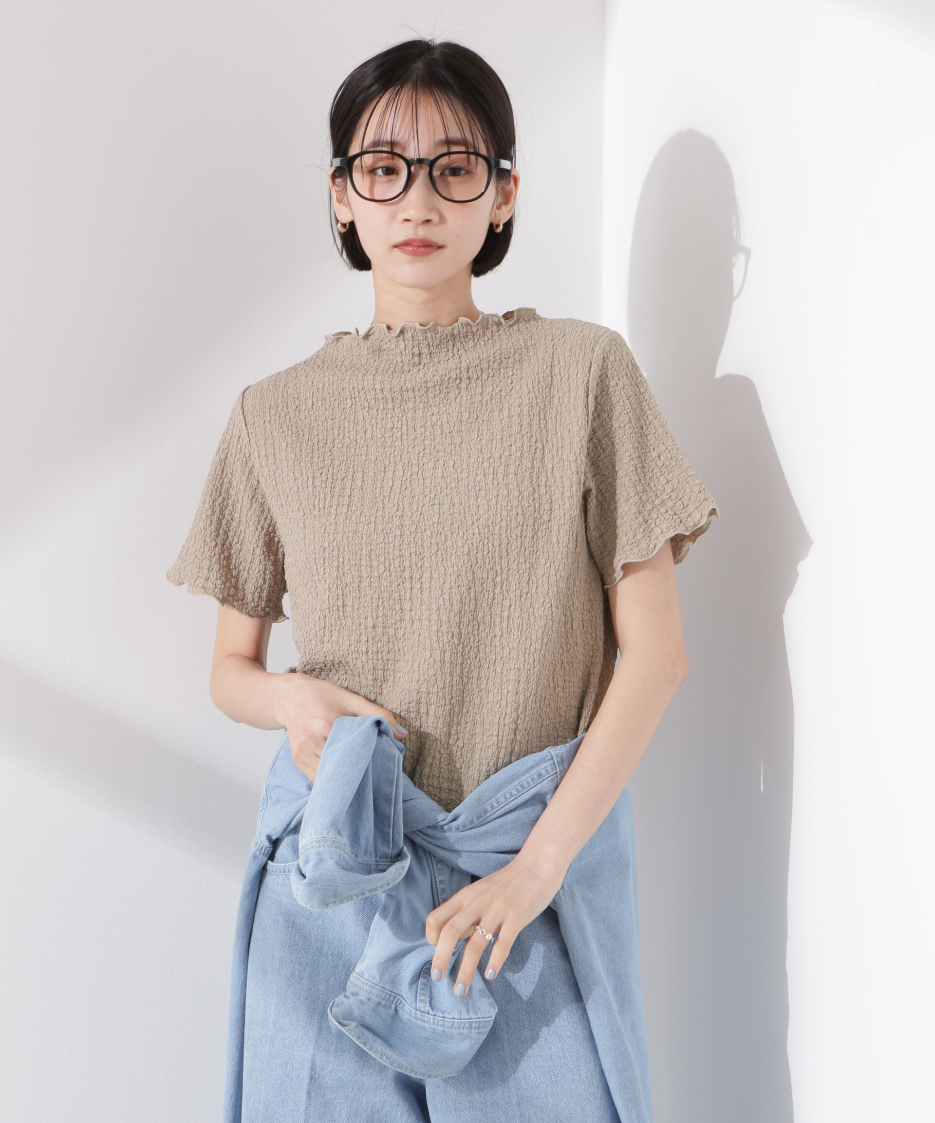 nano･universe「シャーリングジャガード半袖ナロートップス (セットアップ可)」|Tシャツ・カットソー|