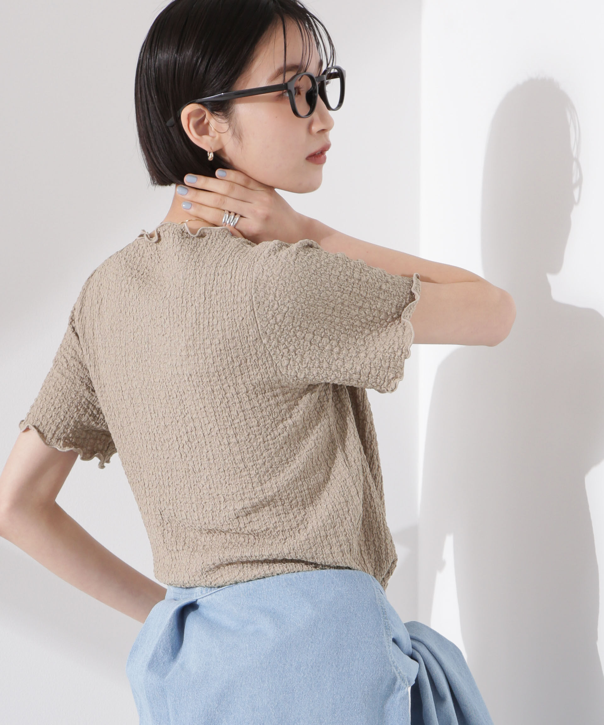 nano･universe「シャーリングジャガード半袖ナロートップス (セットアップ可)」|Tシャツ・カットソー|