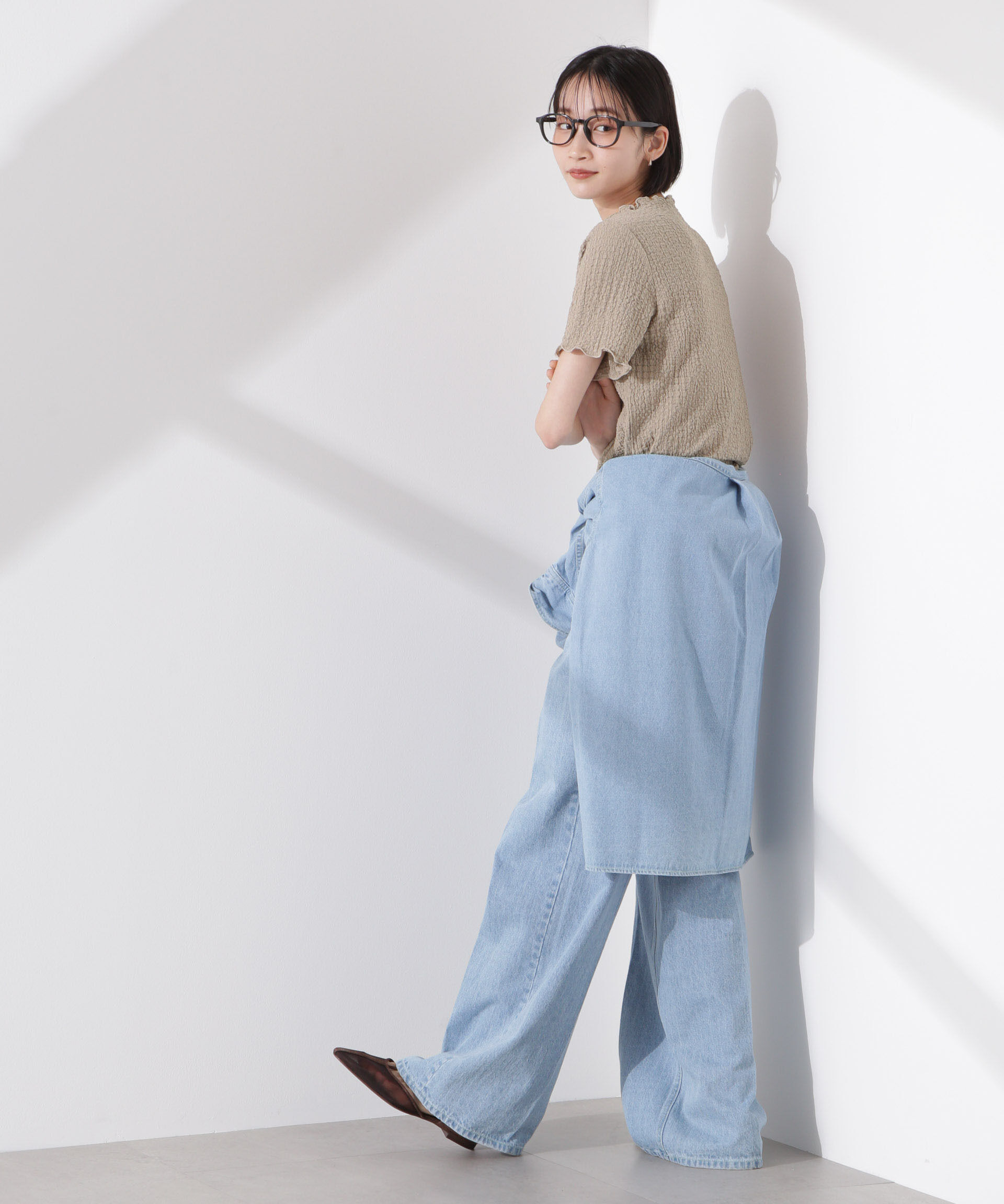 nano･universe「シャーリングジャガード半袖ナロートップス (セットアップ可)」|Tシャツ・カットソー|