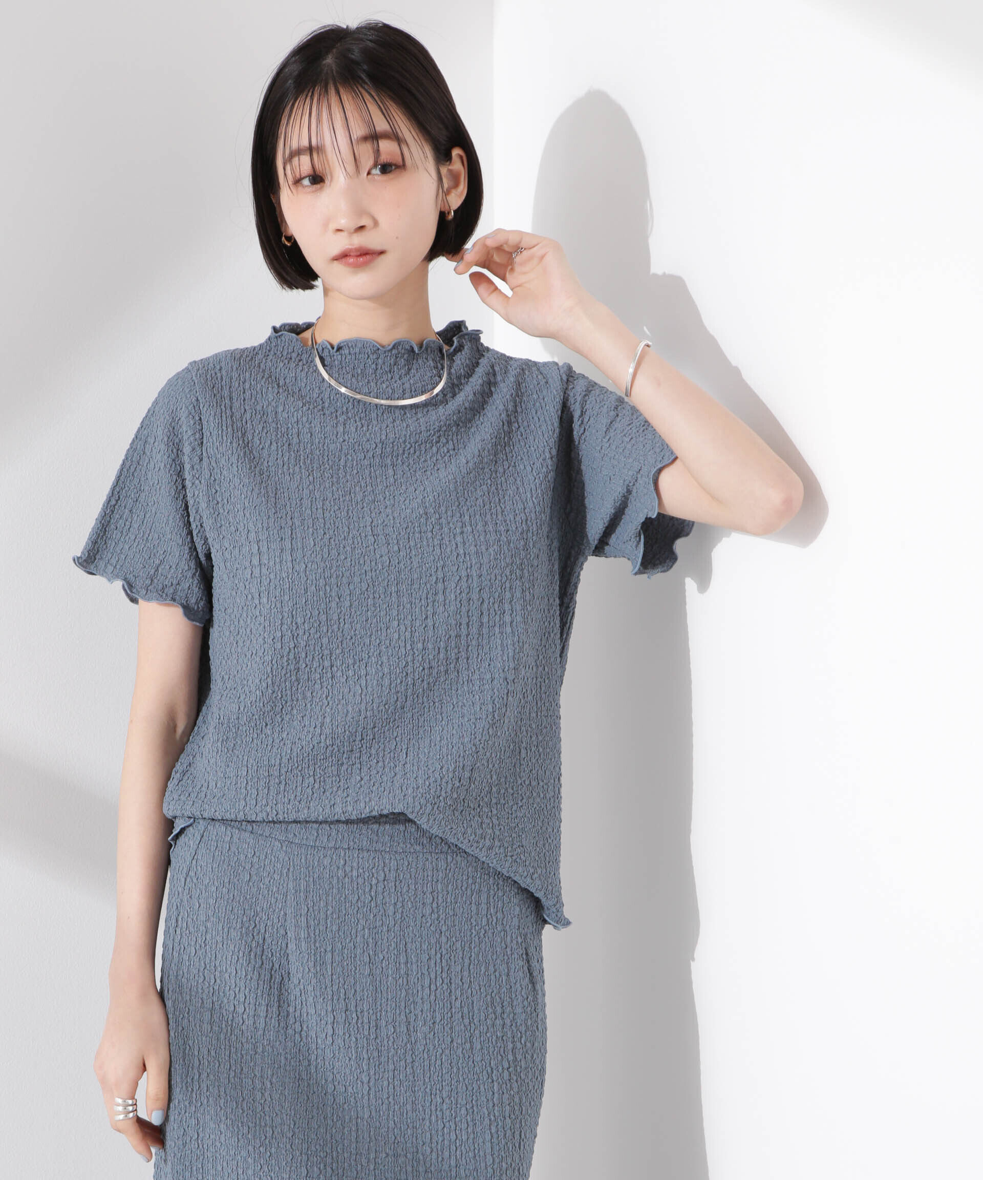 nano･universe「シャーリングジャガード半袖ナロートップス (セットアップ可)」|Tシャツ・カットソー|ブルー