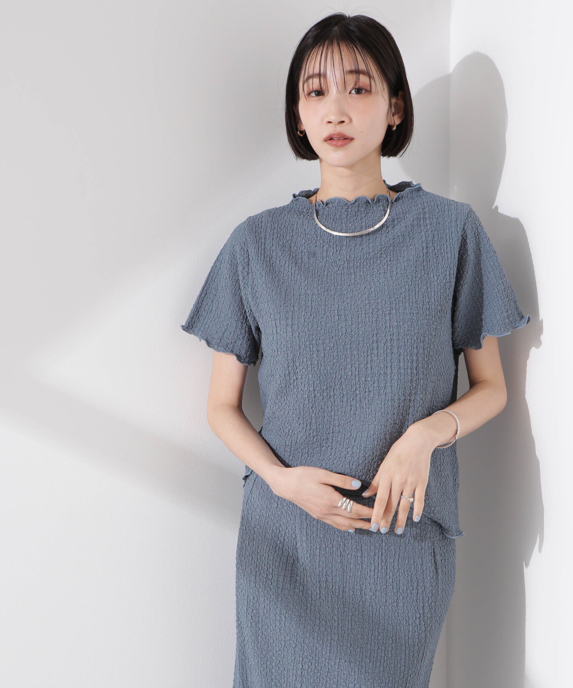 nano･universe「シャーリングジャガード半袖ナロートップス (セットアップ可)」|Tシャツ・カットソー|