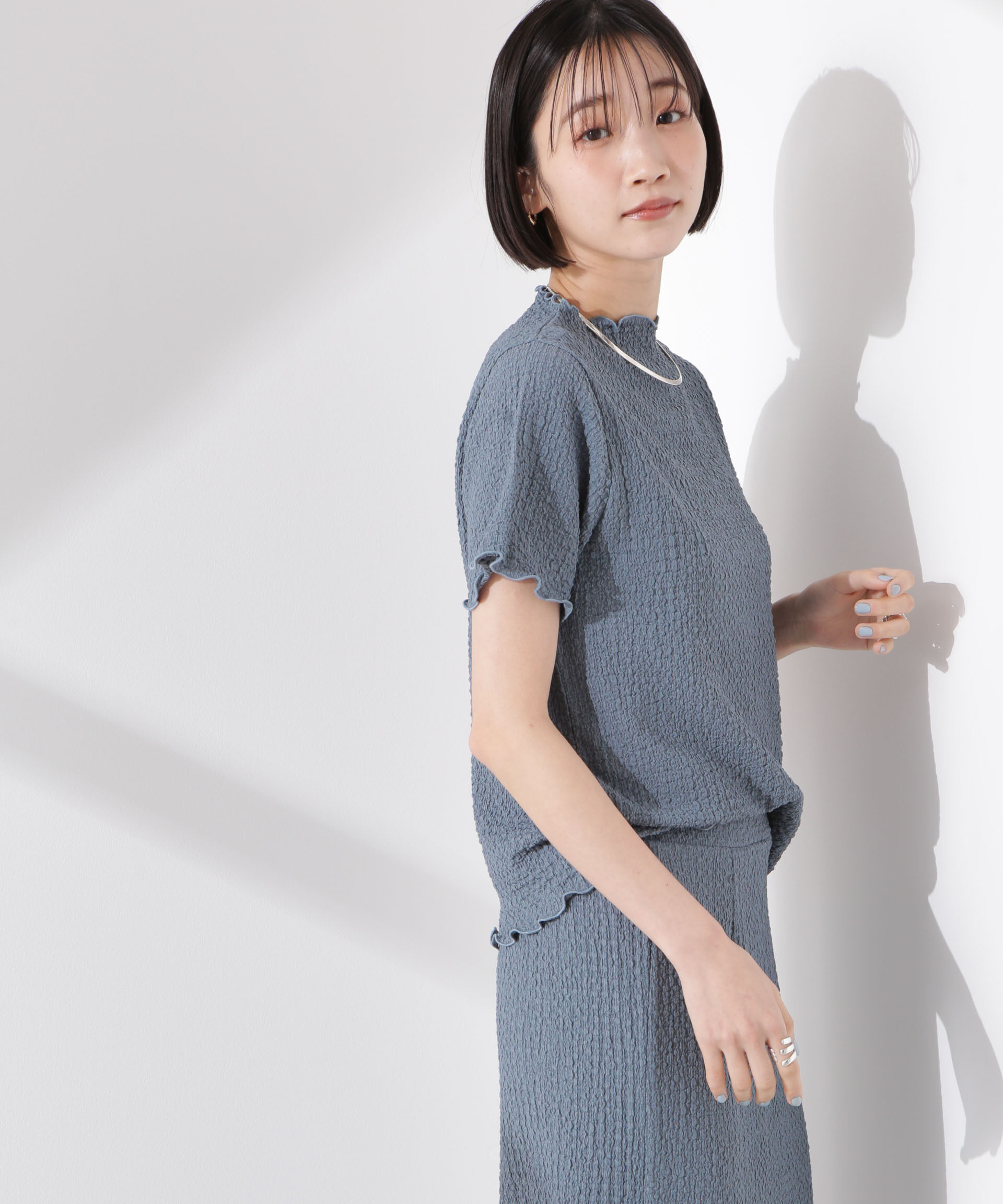 nano･universe「シャーリングジャガード半袖ナロートップス (セットアップ可)」|Tシャツ・カットソー|