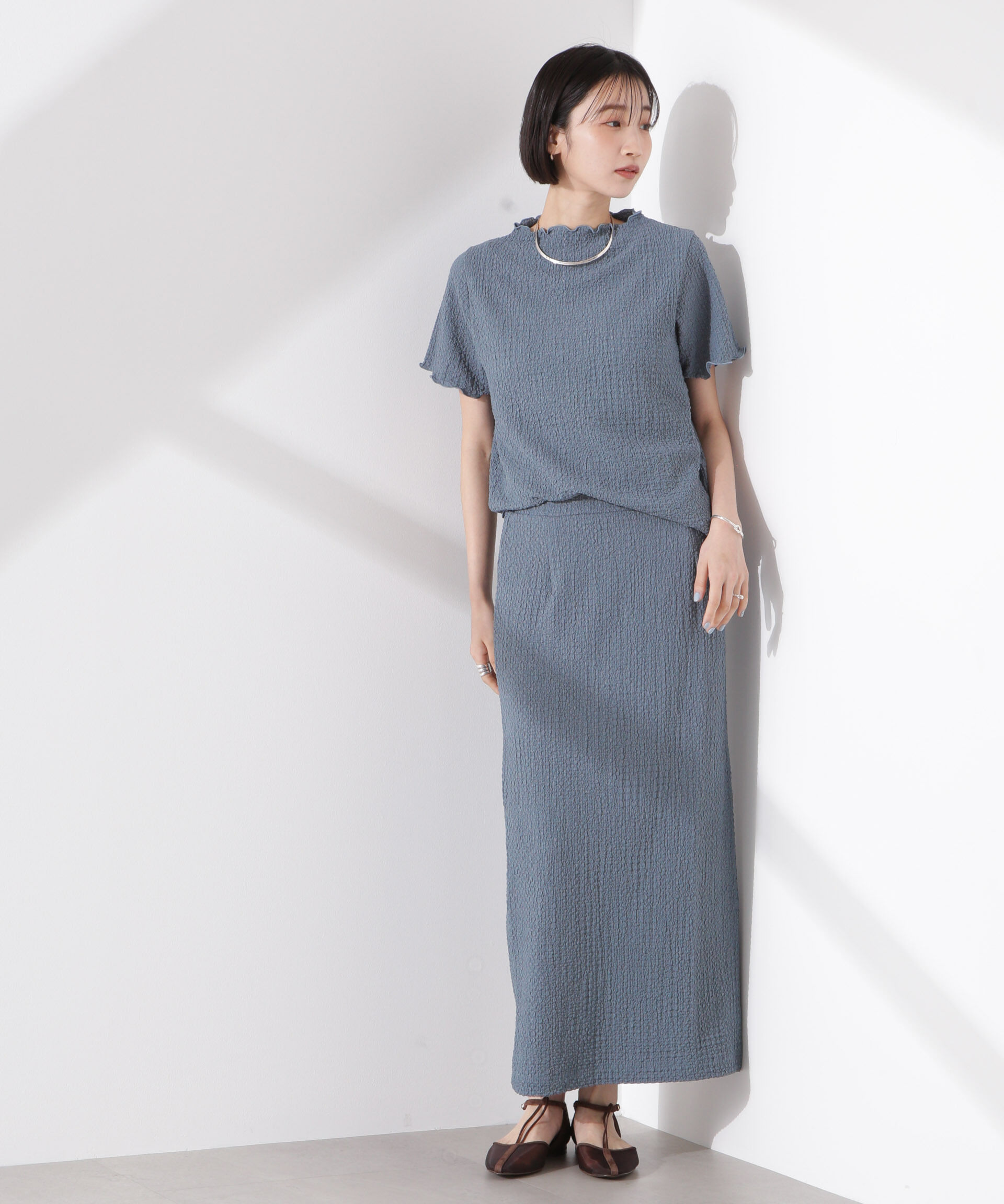 nano･universe「シャーリングジャガード半袖ナロートップス (セットアップ可)」|Tシャツ・カットソー|