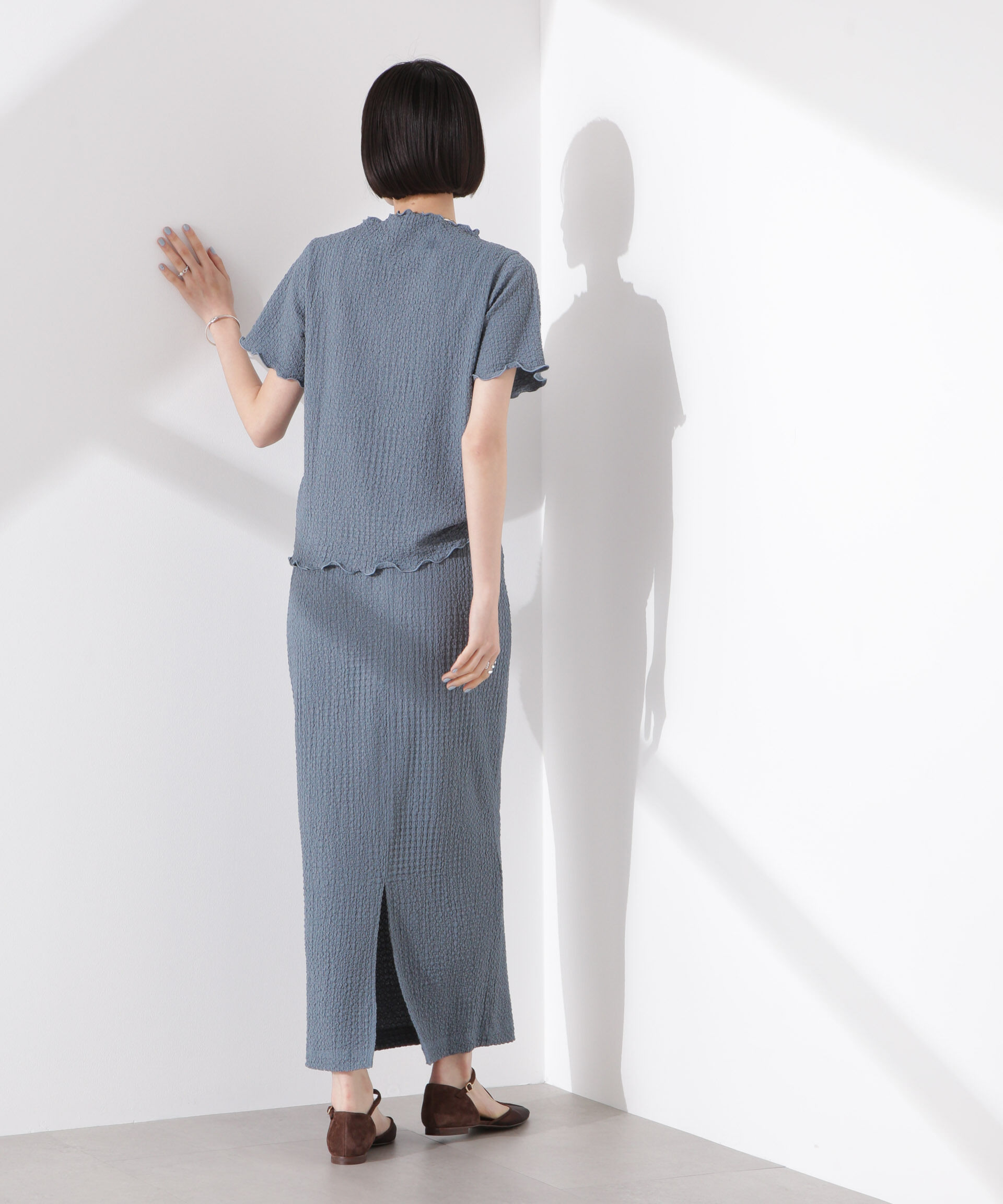 nano･universe「シャーリングジャガード半袖ナロートップス (セットアップ可)」|Tシャツ・カットソー|