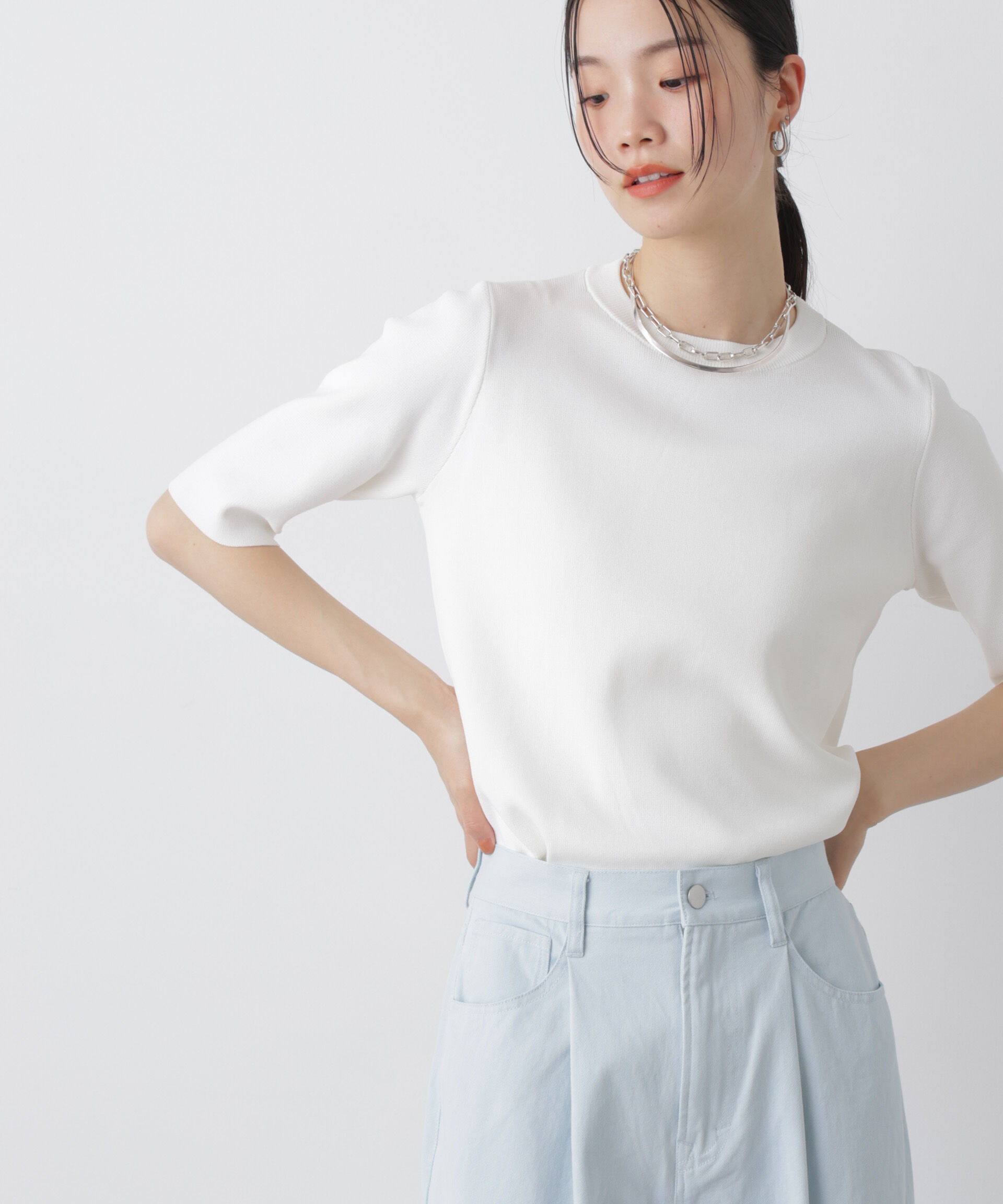 nano･universe「洗濯機洗い可UVカット接触冷感半袖ニット」|ニット・セーター|