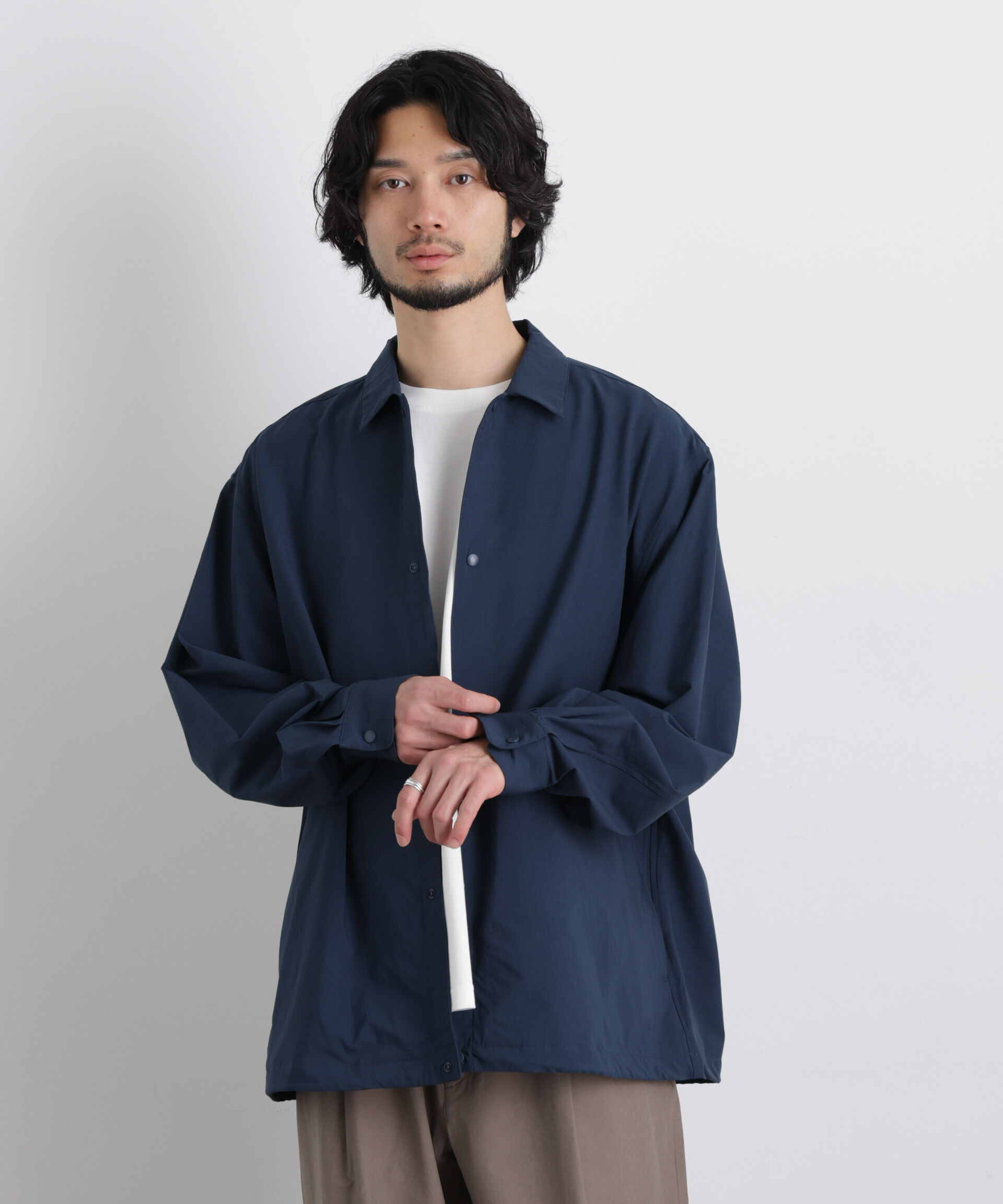 nano･universe「ストレッチワイドシャツブルゾン」|ブルゾン・スタジャン|ネイビー