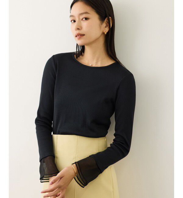 ROPE「シアーフレア袖ドッキングカットソー/イージーケア」|Tシャツ・カットソー|ブラック(01)