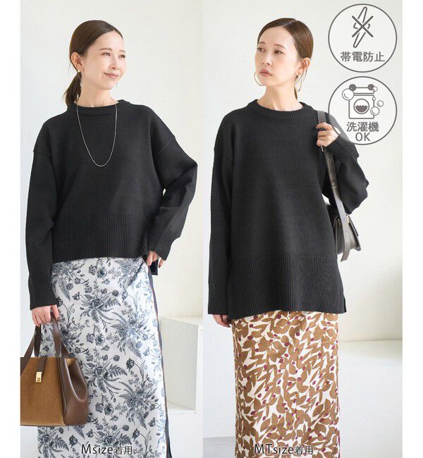 Rope&rsquo;Picnic「【新色追加】着丈が選べるクルーネックサイドスリットニットプルオーバー/イージーケア」|ニット・セーター|ブラック(01)