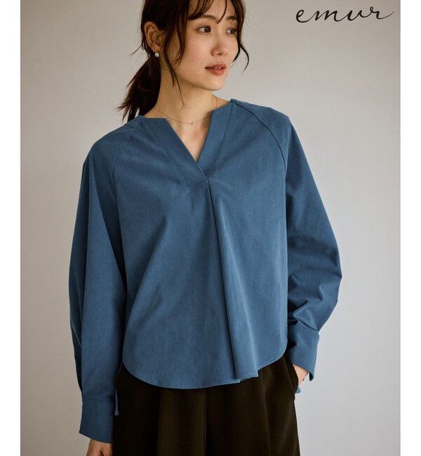 Rope&rsquo;Picnic「【emur/エミュール】ストレッチ起毛あわせネックブラウス」|シャツ・ブラウス|ブルー(44)