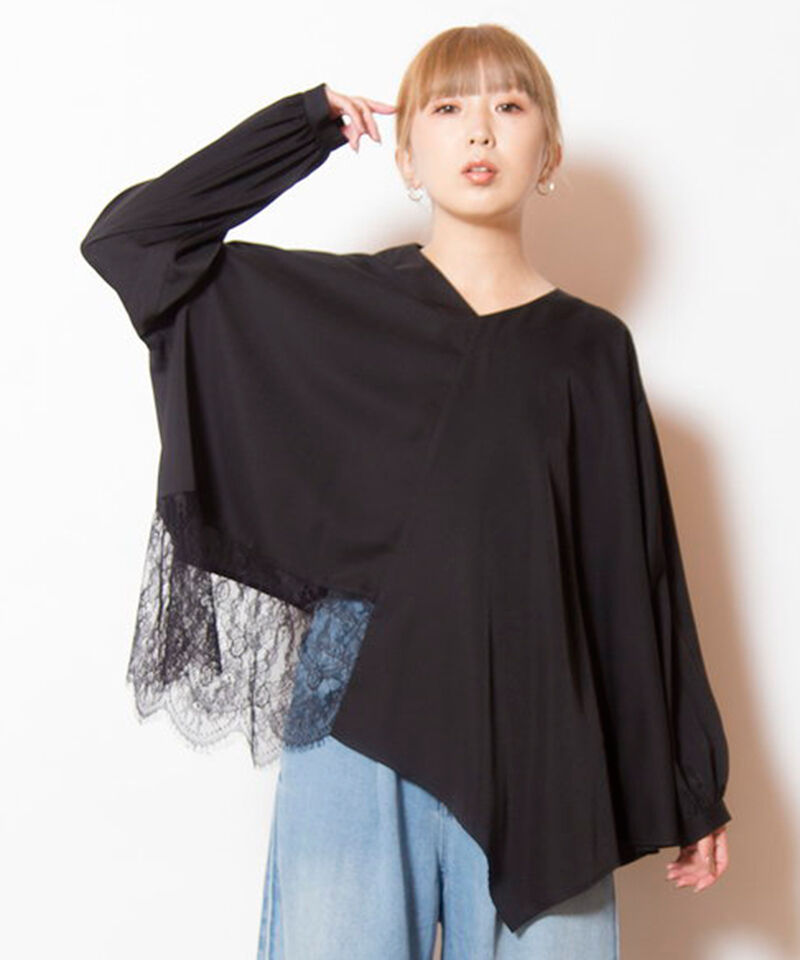  「アシンメトリーレース切替ブラウス」|シャツ・ブラウス|BLACK