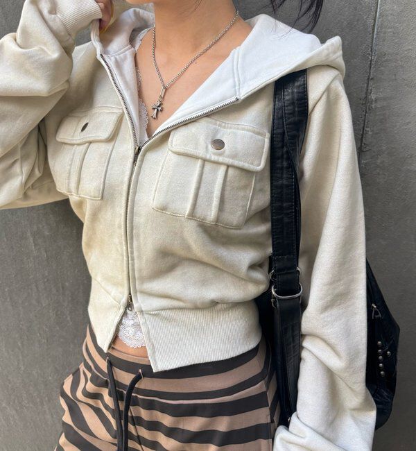  「フラップショートジップフーディ」|パーカー|アイボリー