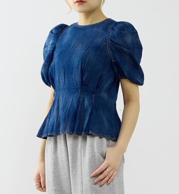 SOFFITTO「【A_/エース】シアーデニムパフブラウス」|シャツ・ブラウス|インディゴブルー