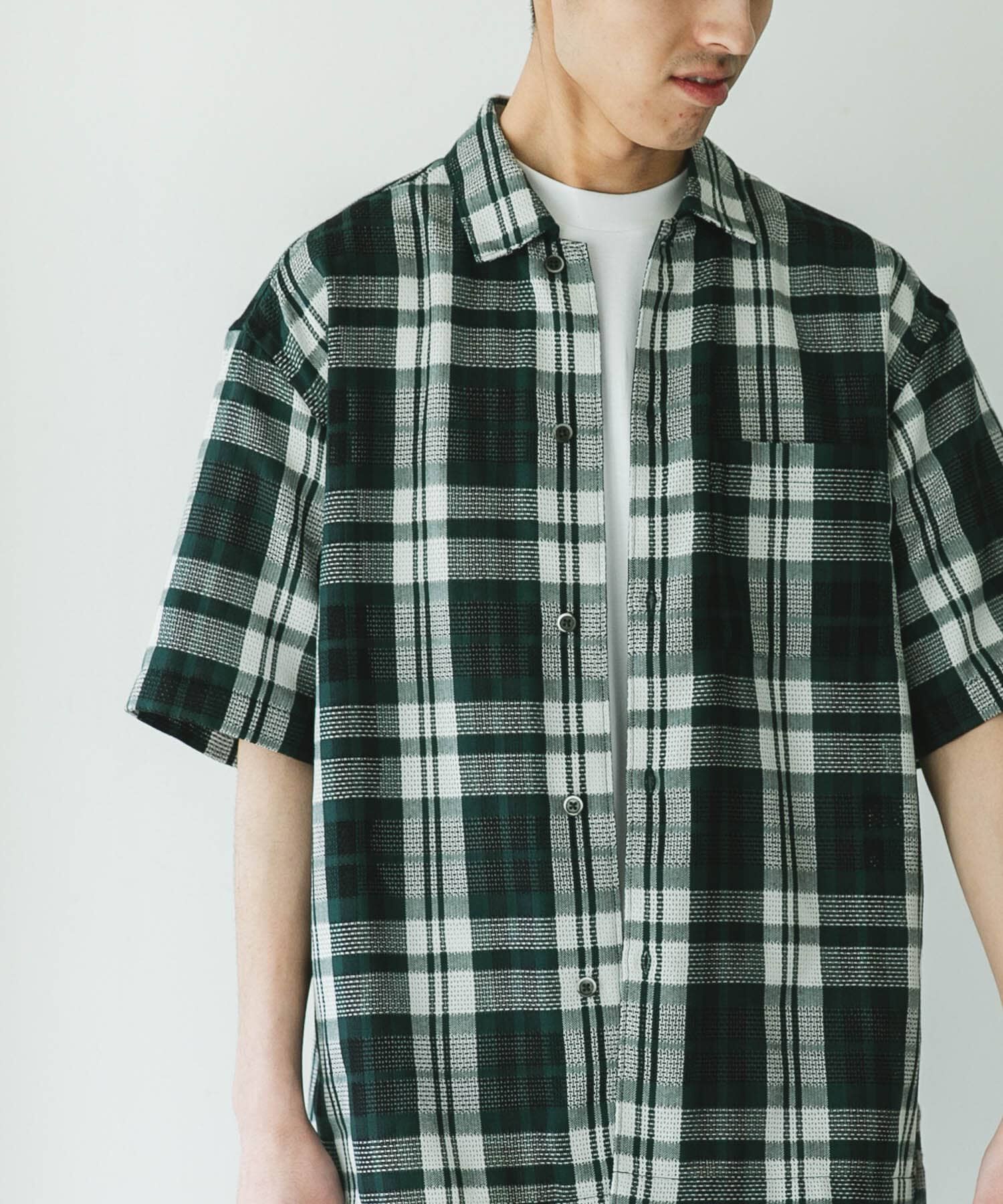 URBAN RESEARCH DOORS「カラミ織ショートスリーブチェックシャツ」|シャツ・ブラウス|グリーン系その他