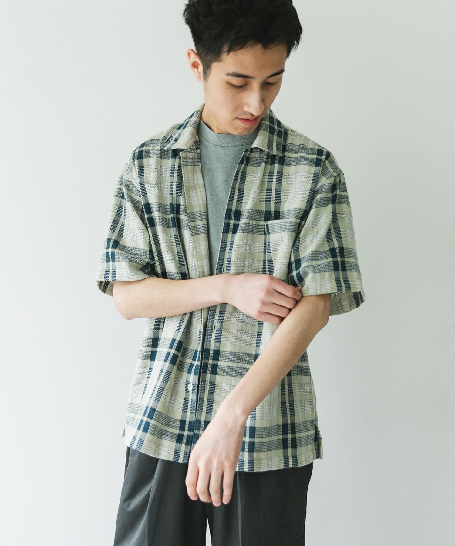 URBAN RESEARCH DOORS「カラミ織ショートスリーブチェックシャツ」|シャツ・ブラウス|ブルー系その他