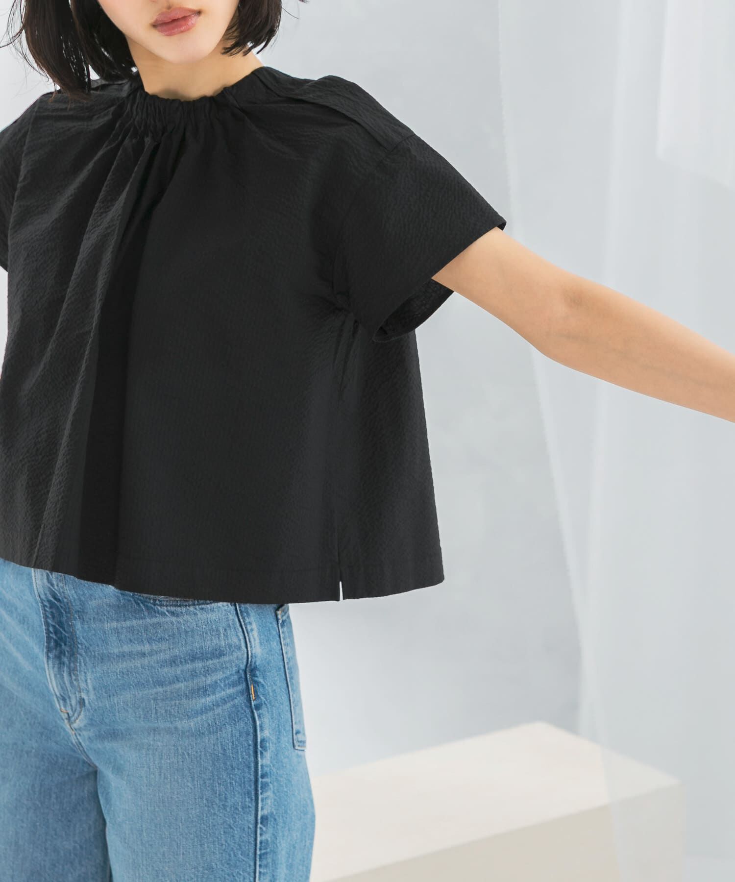 URBAN RESEARCH ROSSO「シアサッカーショートギャザーブラウス」|シャツ・ブラウス|