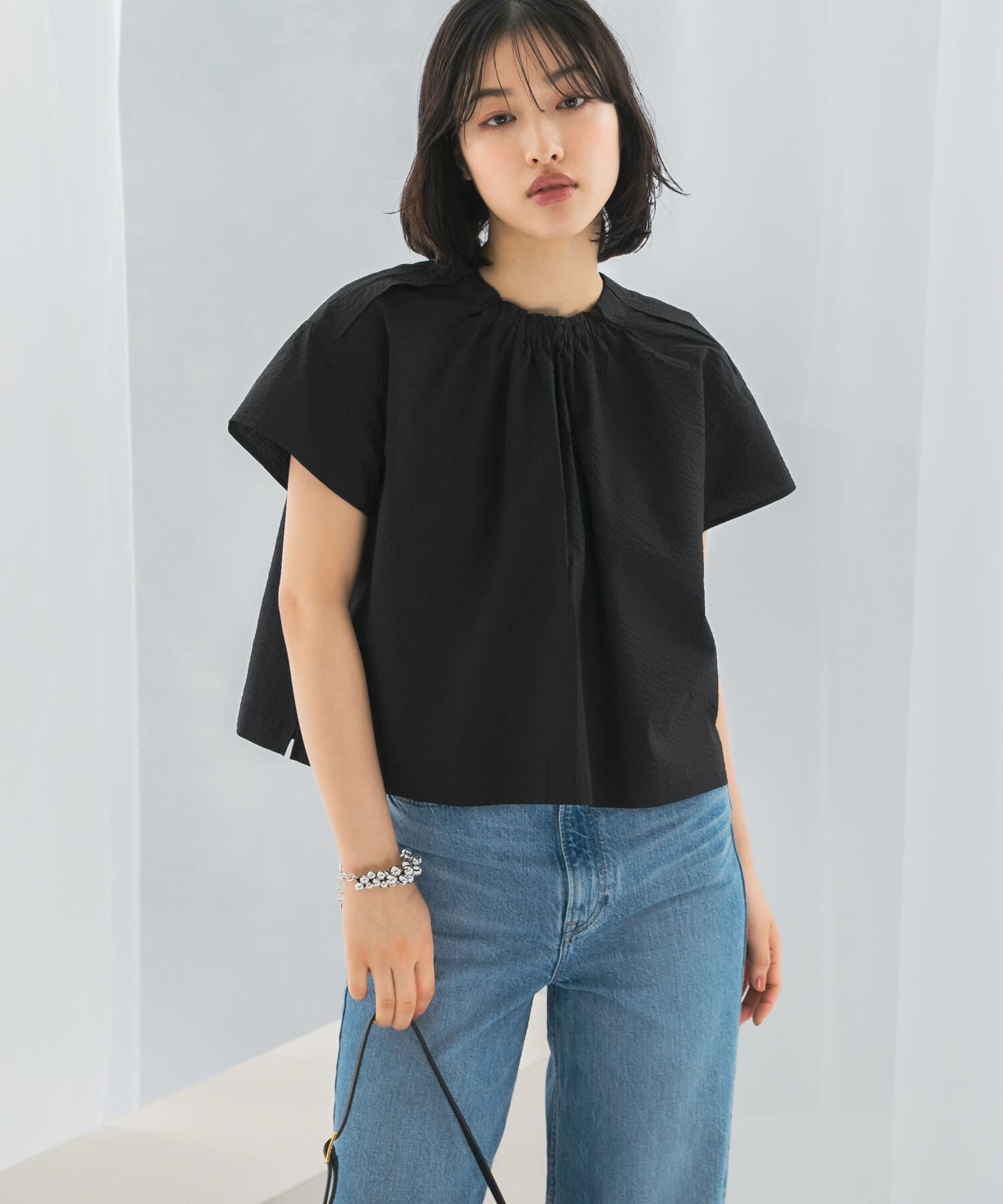 URBAN RESEARCH ROSSO「シアサッカーショートギャザーブラウス」|シャツ・ブラウス|