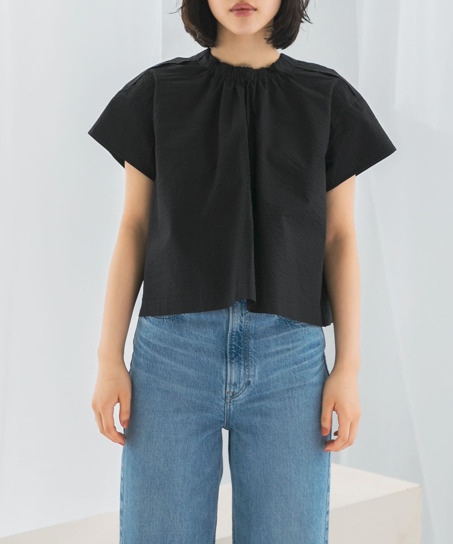 URBAN RESEARCH ROSSO「シアサッカーショートギャザーブラウス」|シャツ・ブラウス|