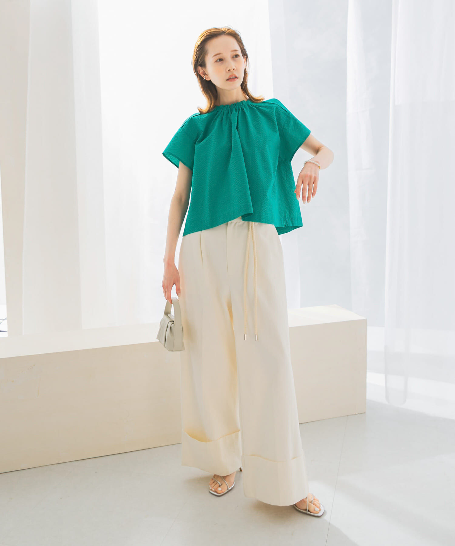 URBAN RESEARCH ROSSO「シアサッカーショートギャザーブラウス」|シャツ・ブラウス|