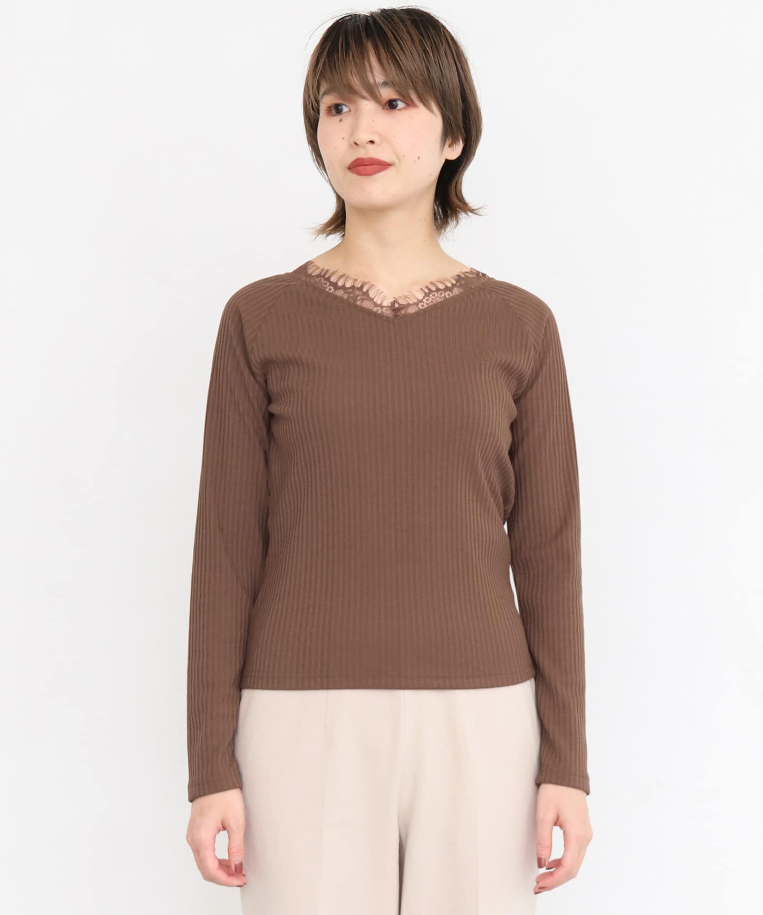  「レース付き裏起毛テレコトップス&there4;」|Tシャツ・カットソー|