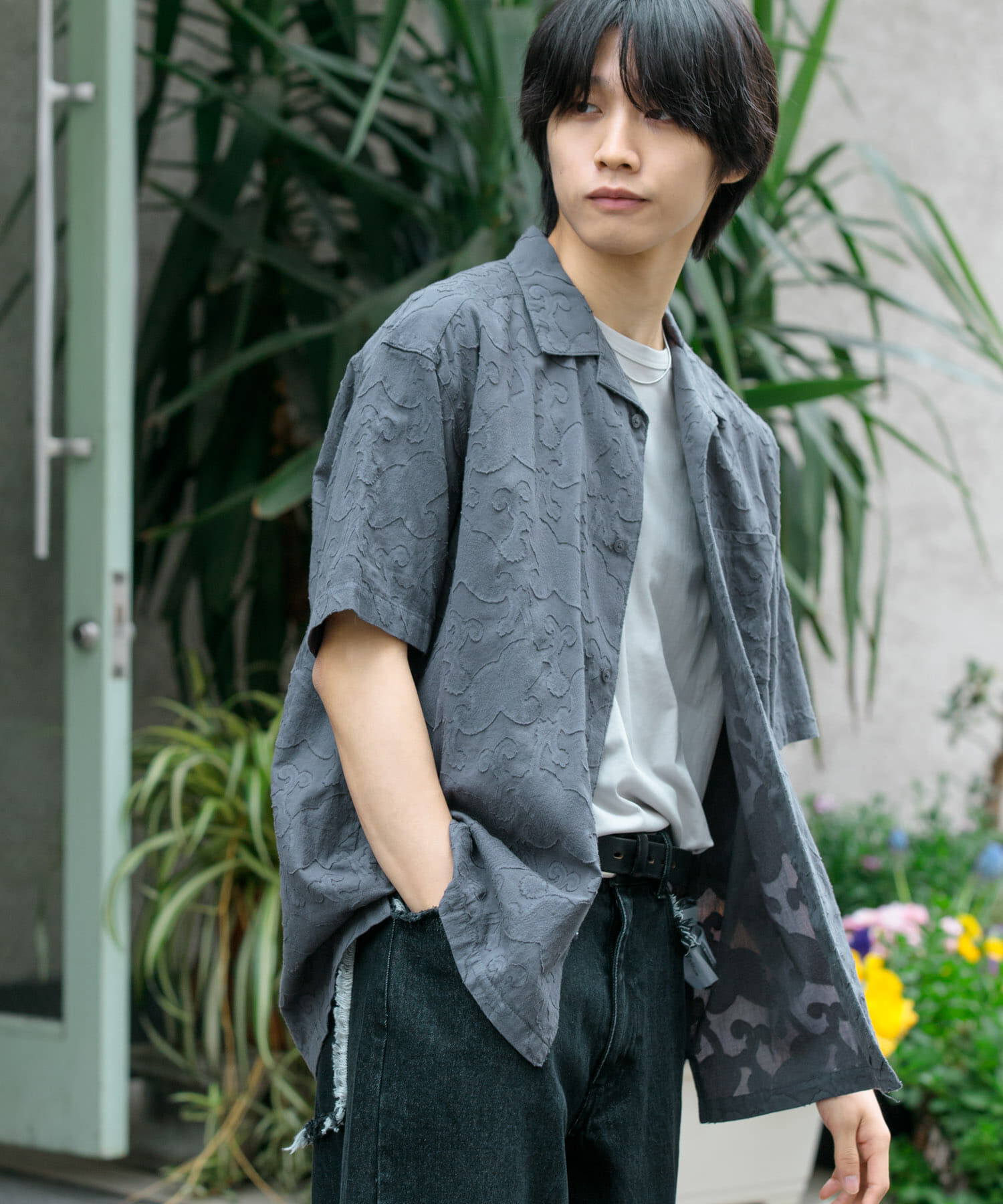 SENSE OF PLACE by URBAN RESEARCH「ペイズリーオープンカラーシャツ(5分袖)」|シャツ・ブラウス|チャコールグレー