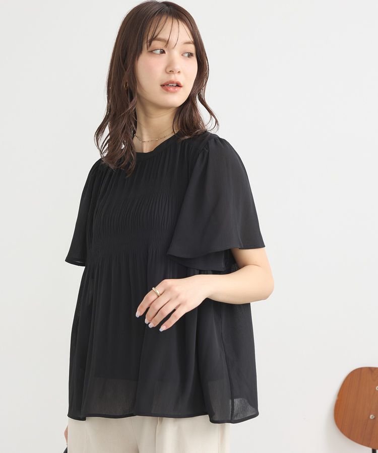 earth music&ecology「マジョリカプリーツ半袖ブラウス」|シャツ・ブラウス|Black