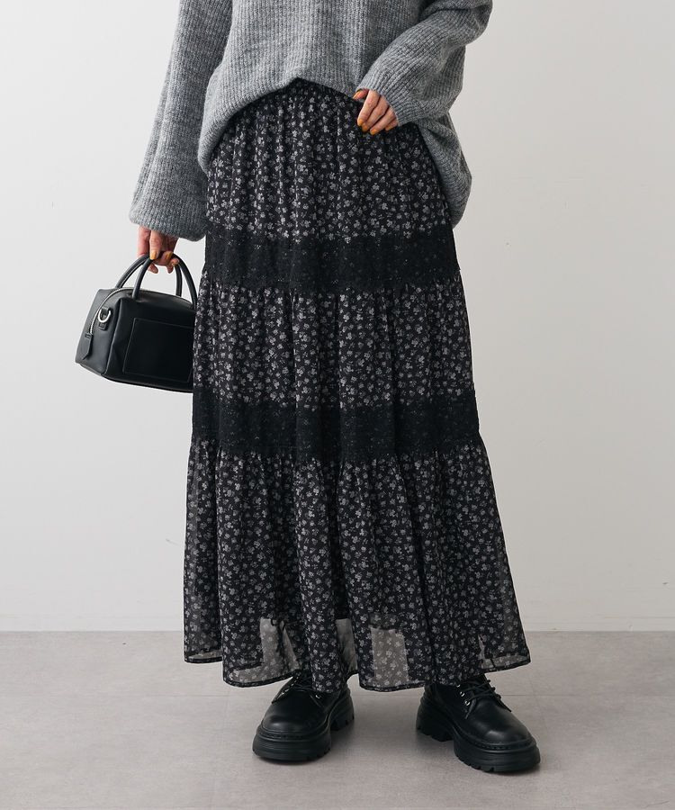 Green Parks「レースドッキング花柄ティアードスカート」|フレア|Black