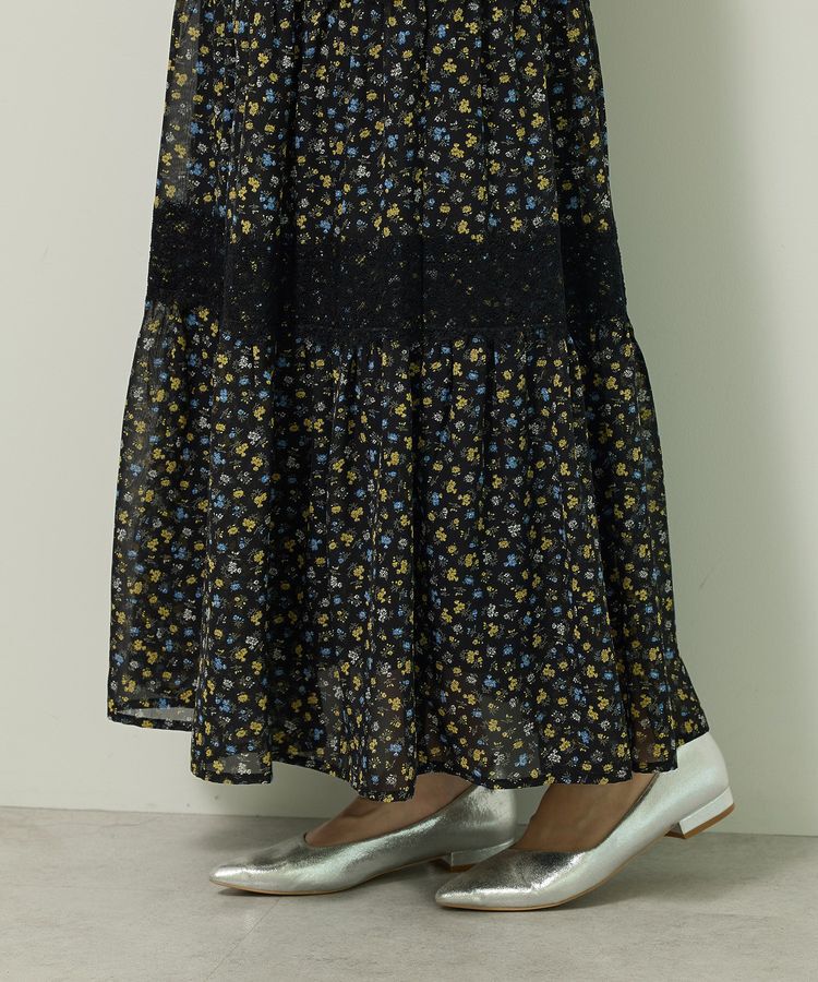 Green Parks「レースドッキング花柄ティアードスカート」|フレア|