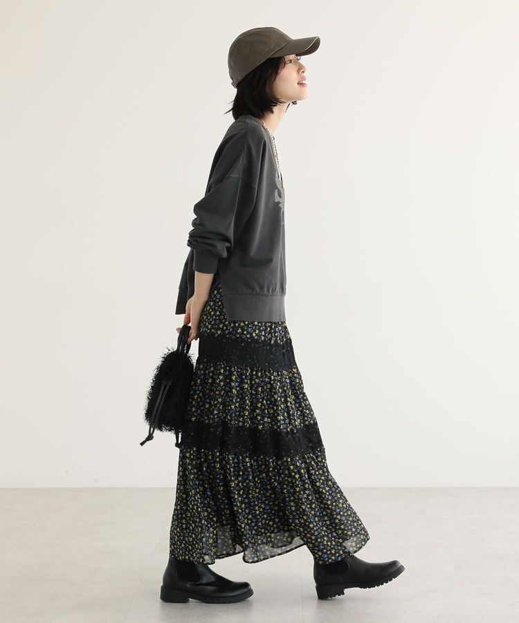 Green Parks「レースドッキング花柄ティアードスカート」|フレア|