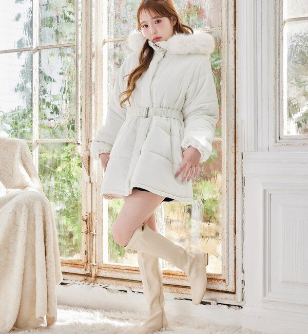  「ベルト付きフェイクファーフードフェイクダウン」|その他|