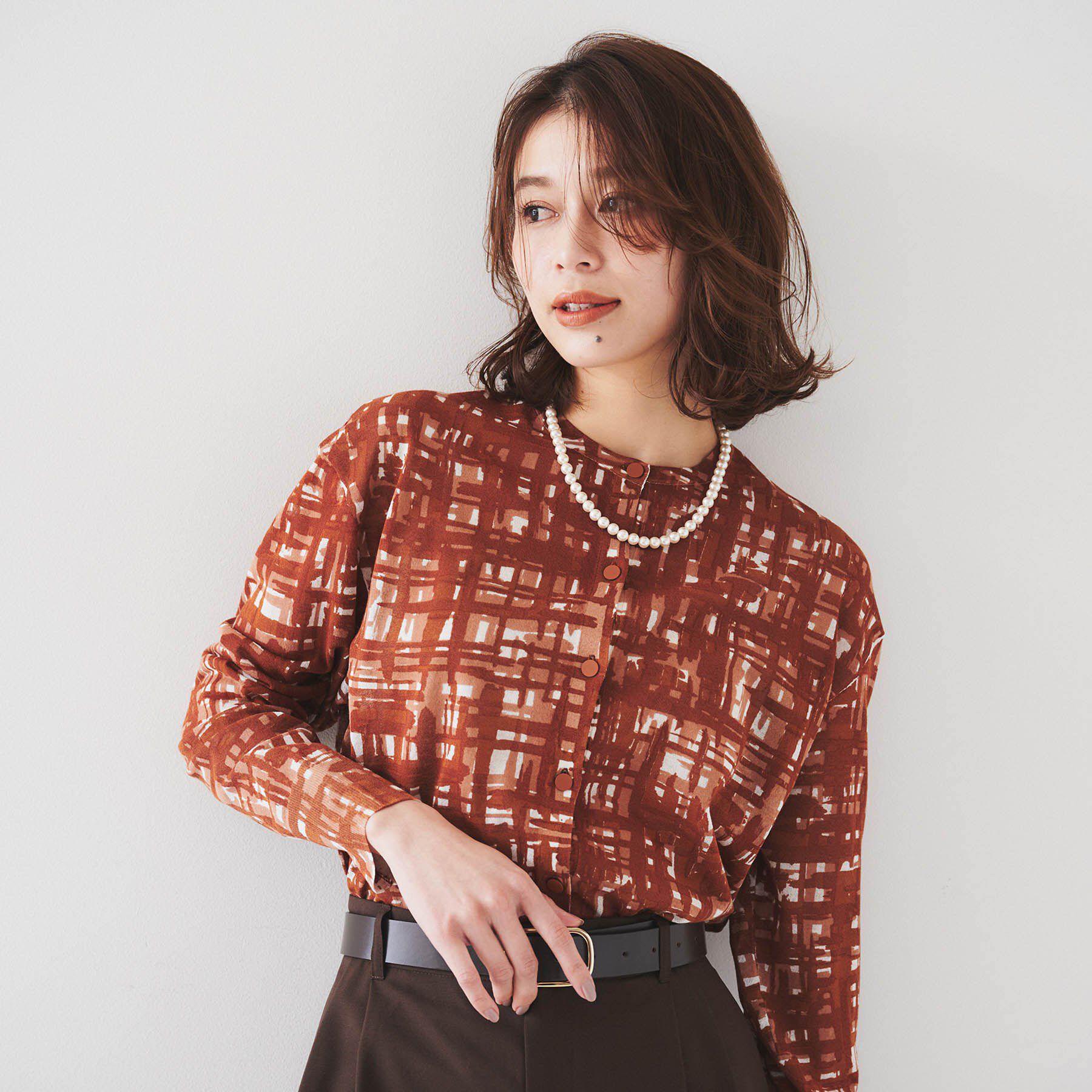 UNTITLED「【セットアップ可能/アンサンブル可能/シアー】チェックプリント カーディガンニット」|カーディガン|