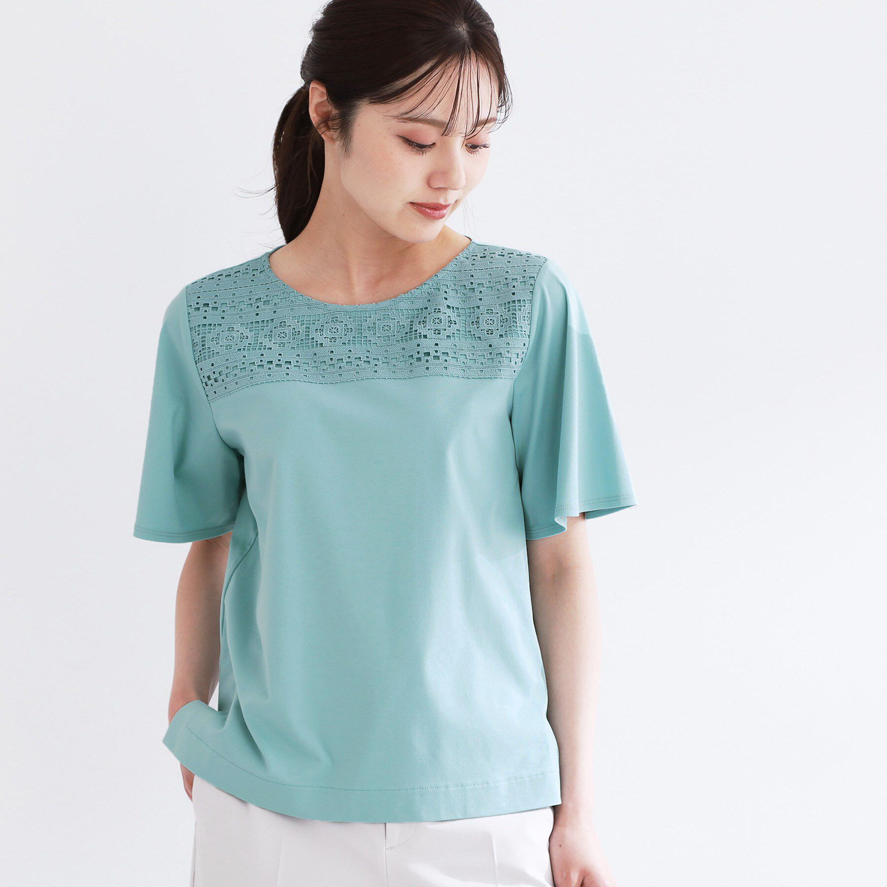 Reflect「【手洗い可】レースデザインジャージTシャツ」|Tシャツ・カットソー|ライトグリーン(02