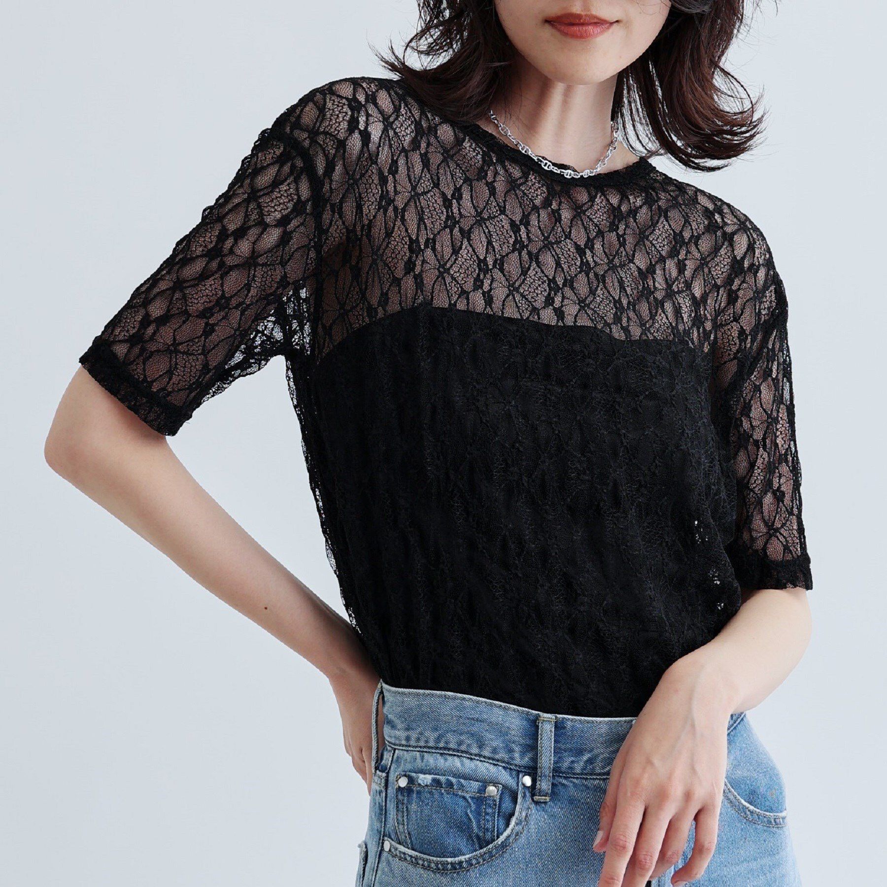 GALLEST「半袖レースカットソー」|Tシャツ・カットソー|ブラック(019)
