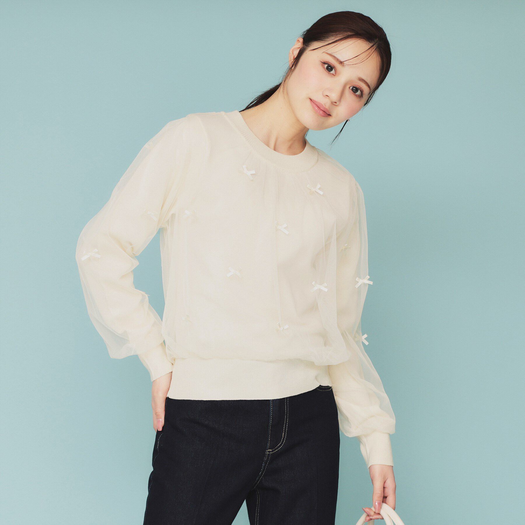 index「チュールレイヤードリボントップス【洗濯機洗い可】」|Tシャツ・カットソー|