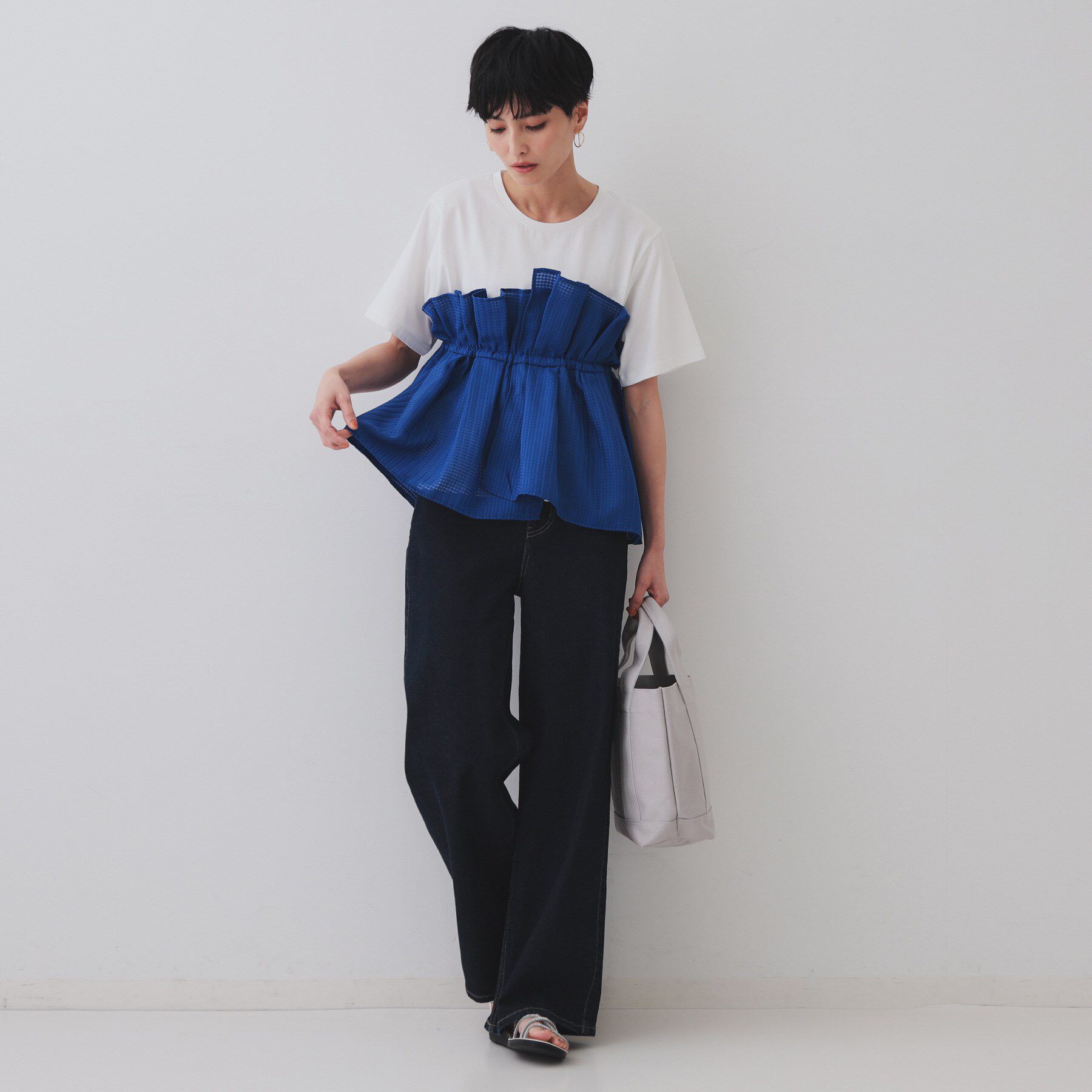 OPAQUE.CLIP「シアーギンガムドッキングペプラムカットソー【洗濯機洗い可】」|Tシャツ・カットソー|