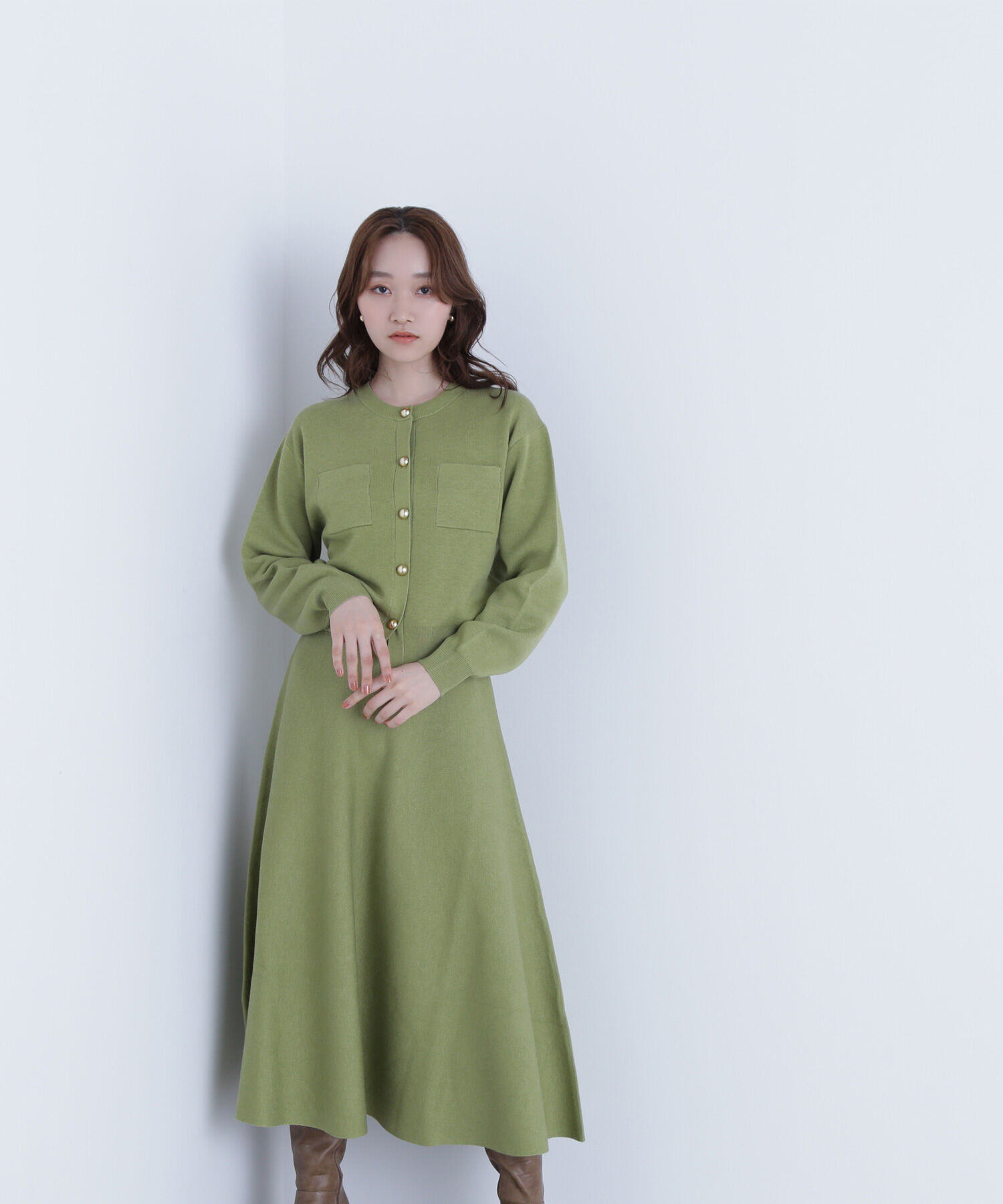  「ダブルフェイスニットセットアップ」|ワンピース|ライトグリー