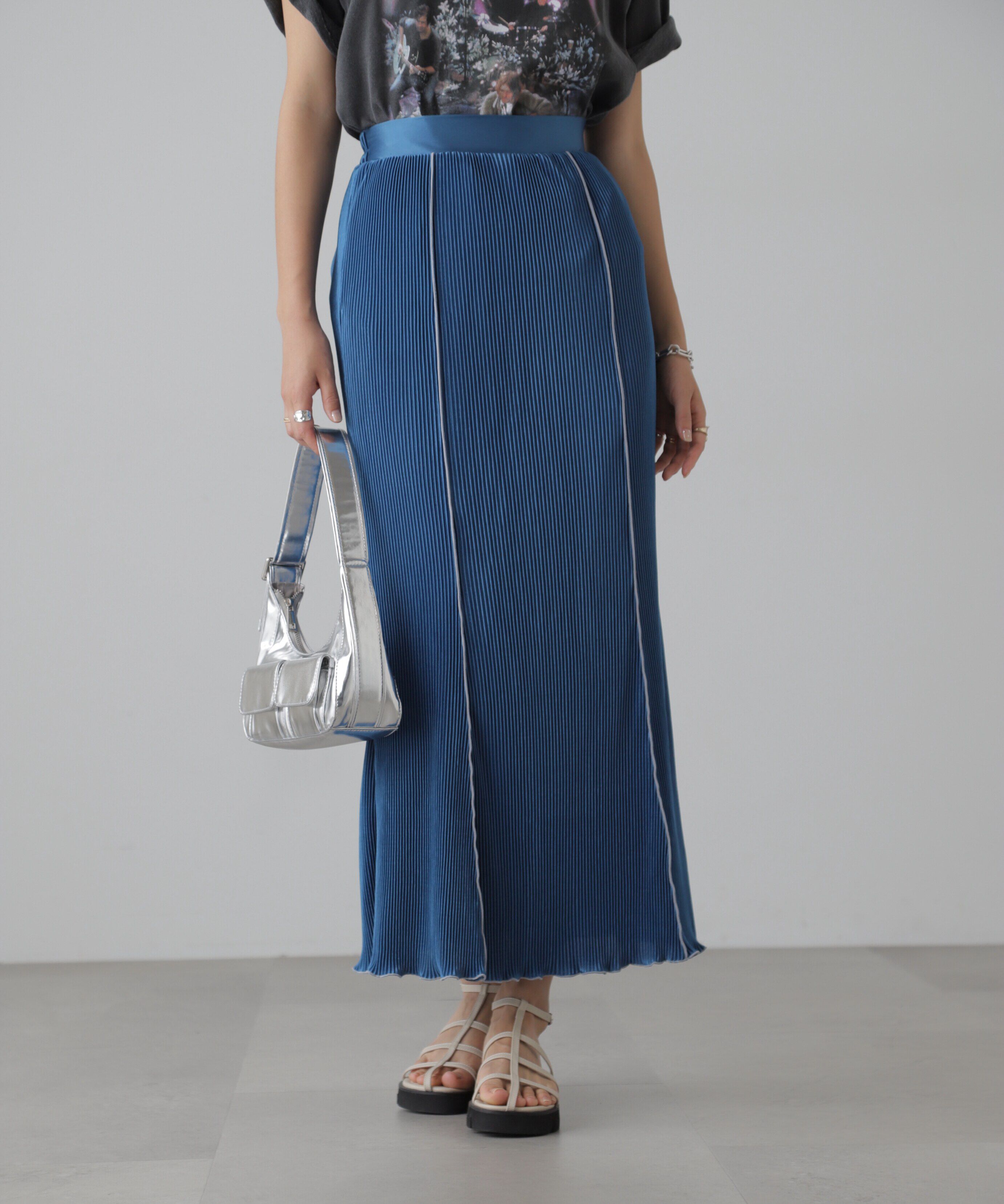  「配色メローカットソープリーツスカート」|スカート|ブルー