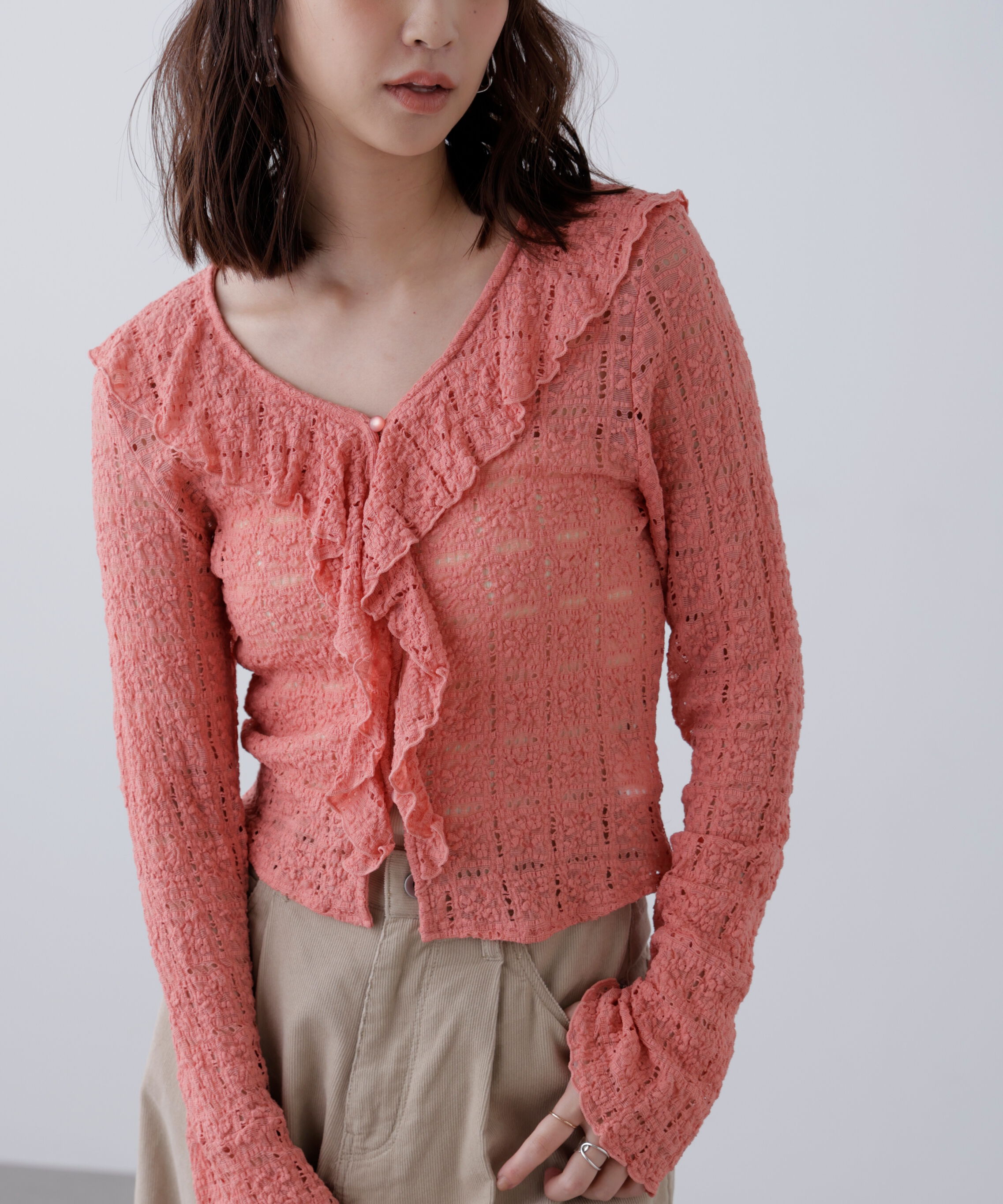  「レースラッフルカットソーブラウス」|シャツ・ブラウス|レッド