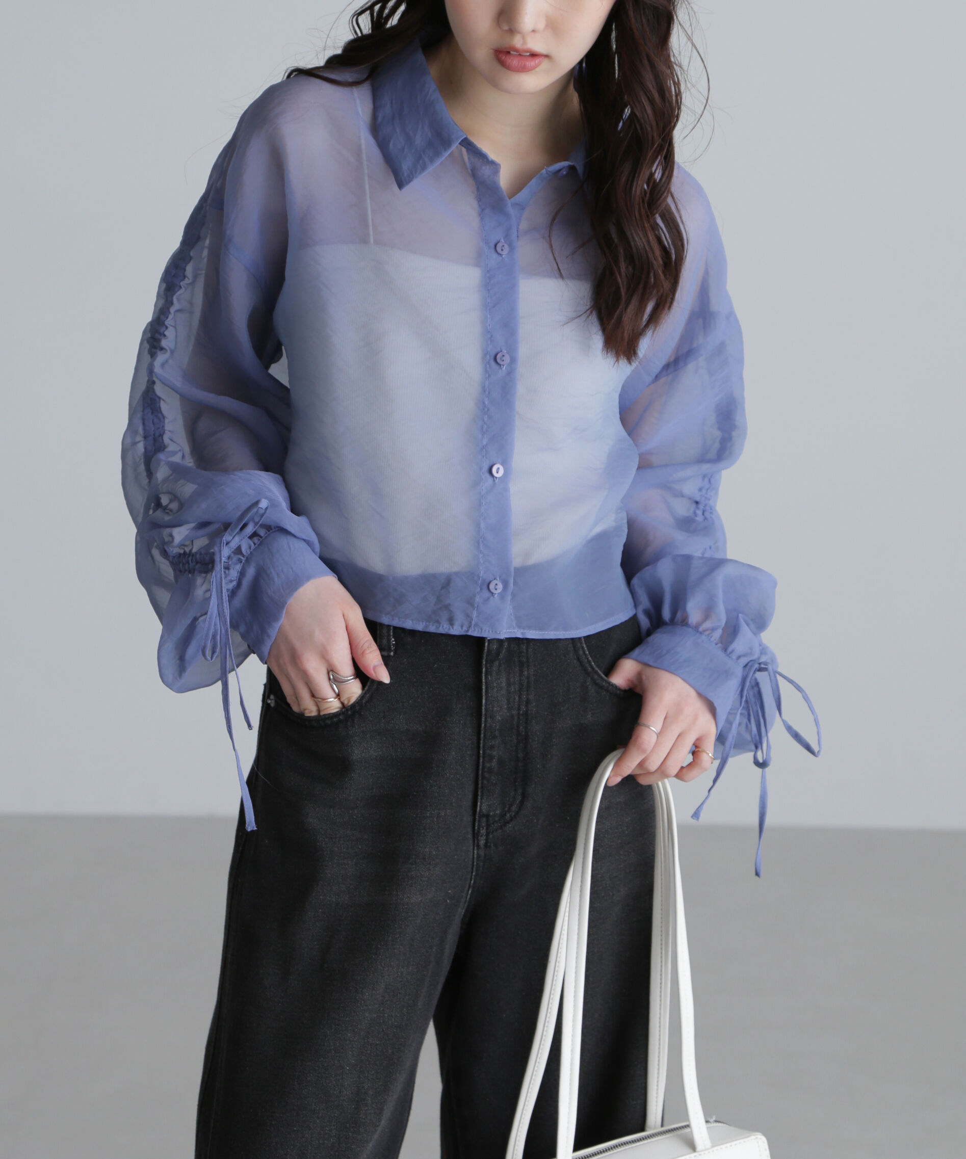  「シアー短丈袖ドロストシャツ」|シャツ・ブラウス|ブルー