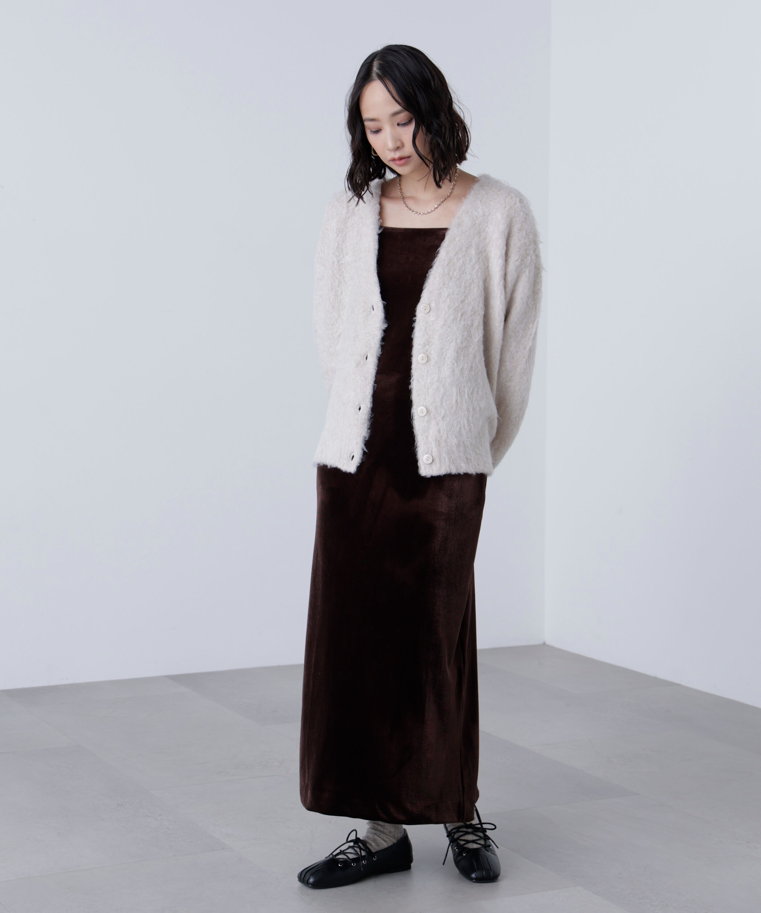  「ウェーブ起毛Vネックカーディガン」|ニット・セーター|