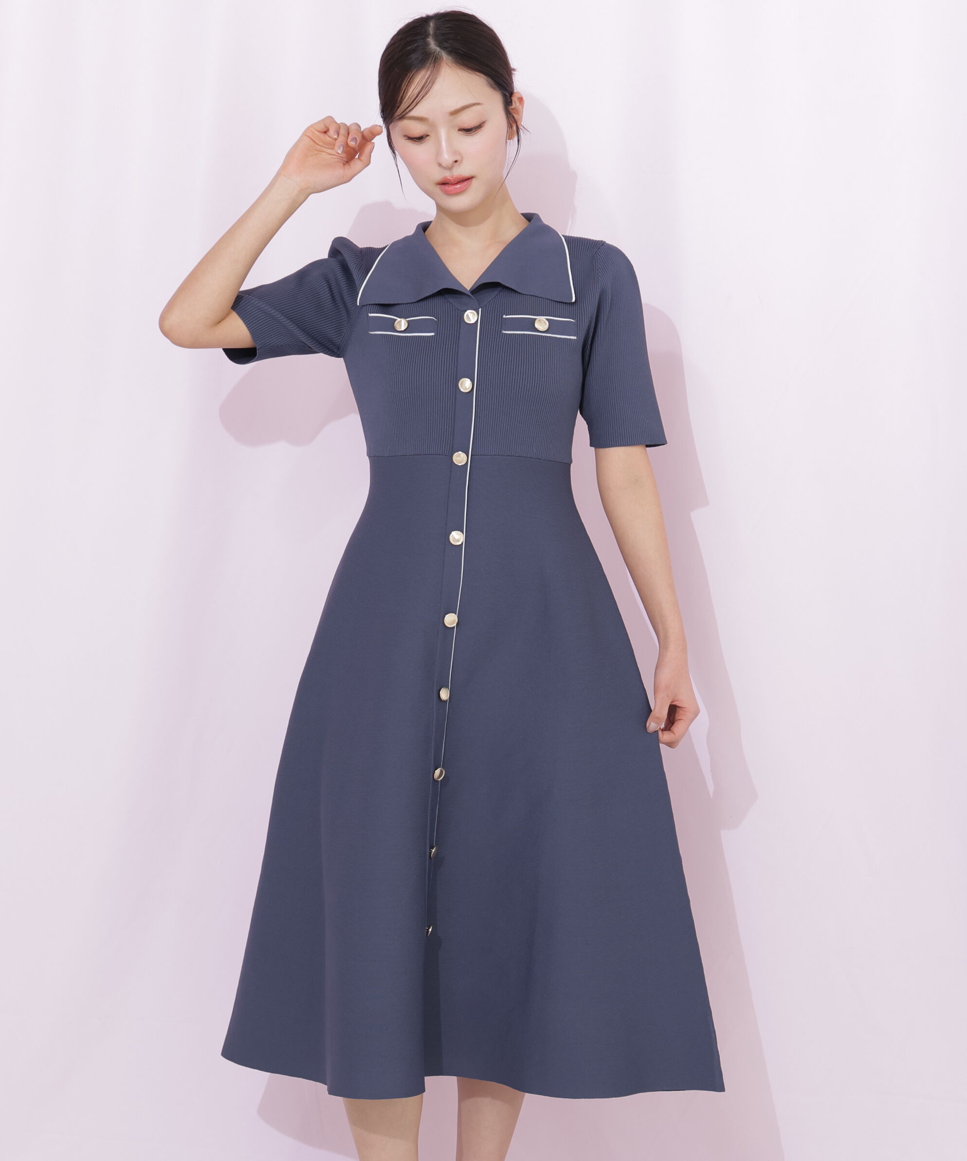  「開襟配色ニットワンピース」|ワンピース|